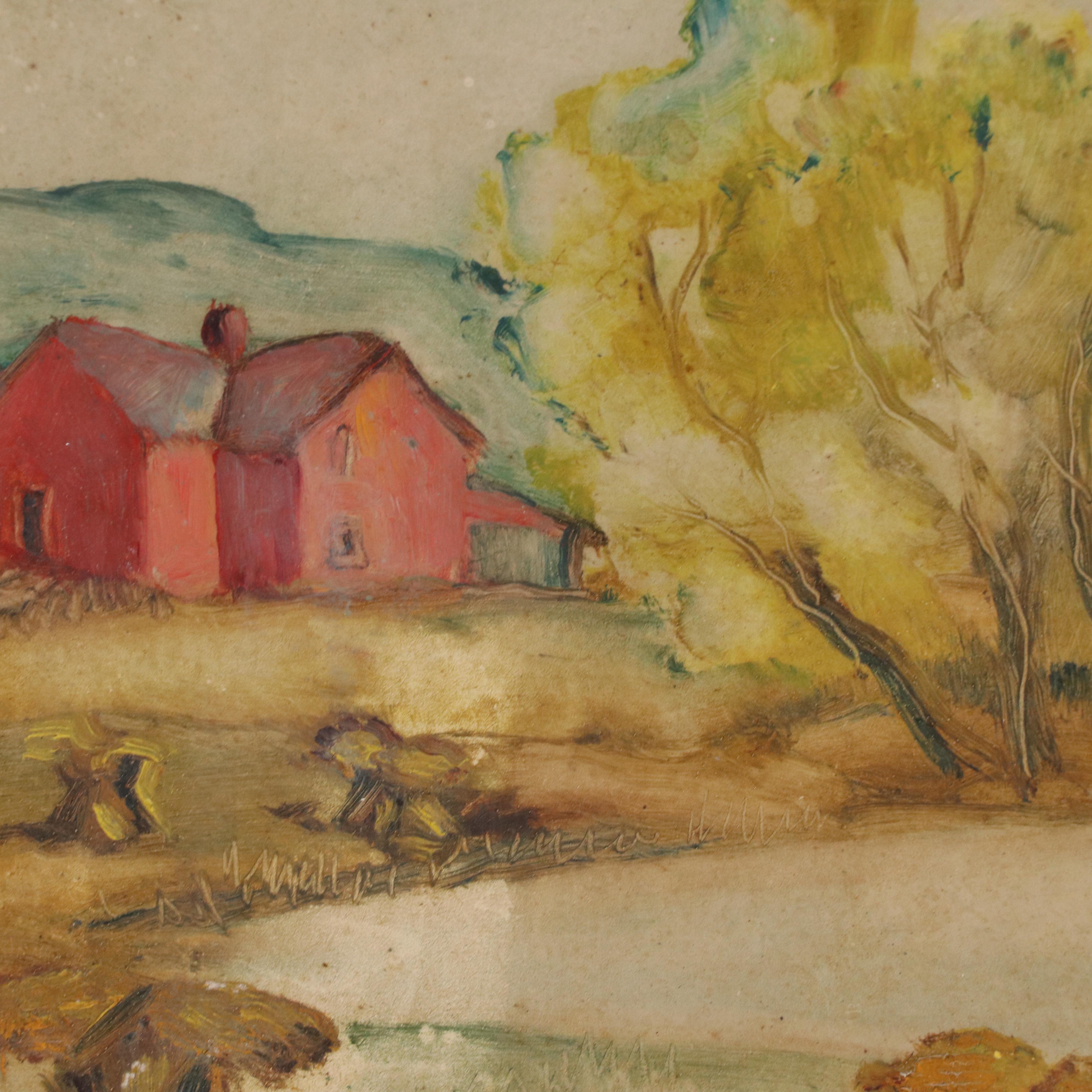 Stylized Bucolic Landscape Oil Painting, Circa 1940