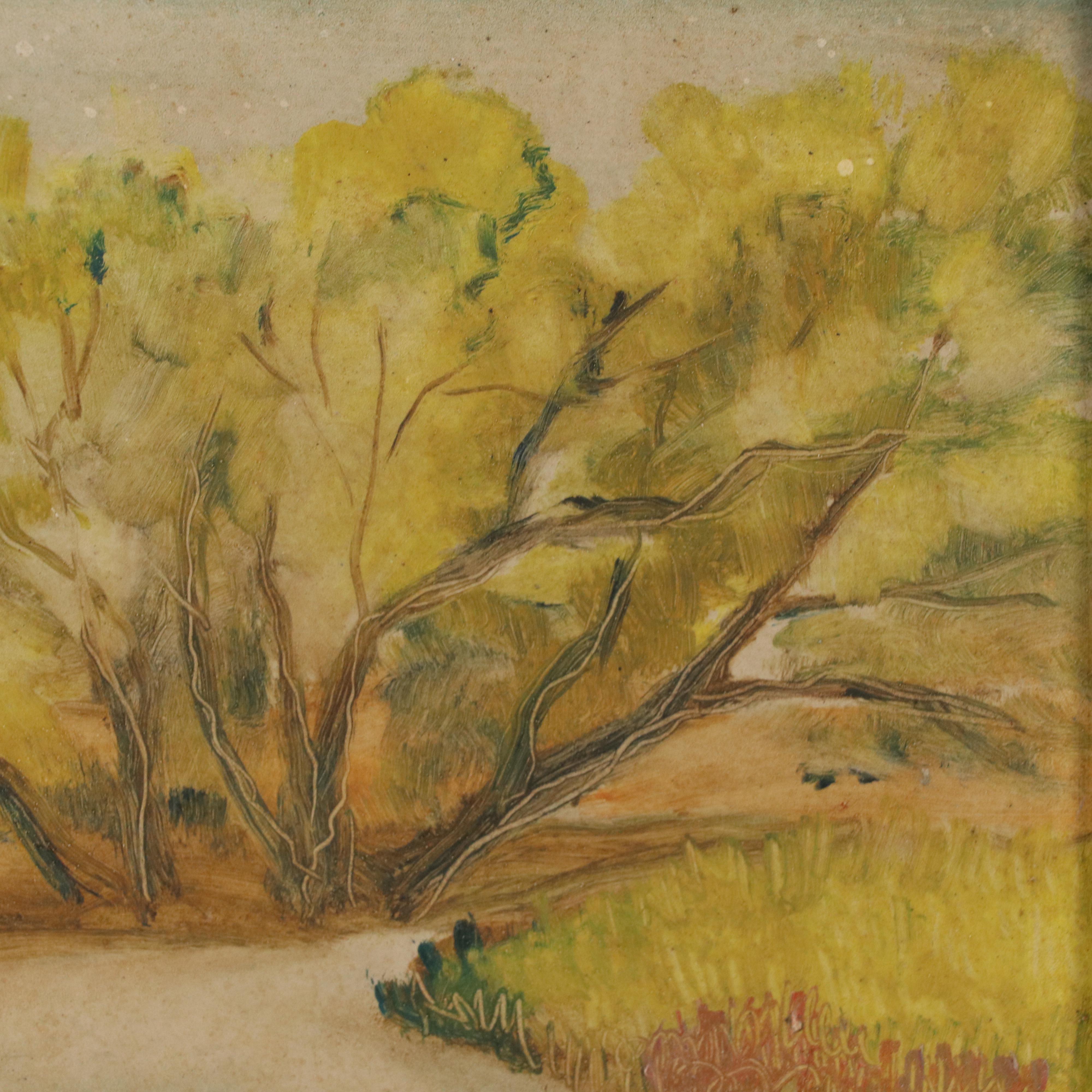 Stylized Bucolic Landscape Oil Painting, Circa 1940