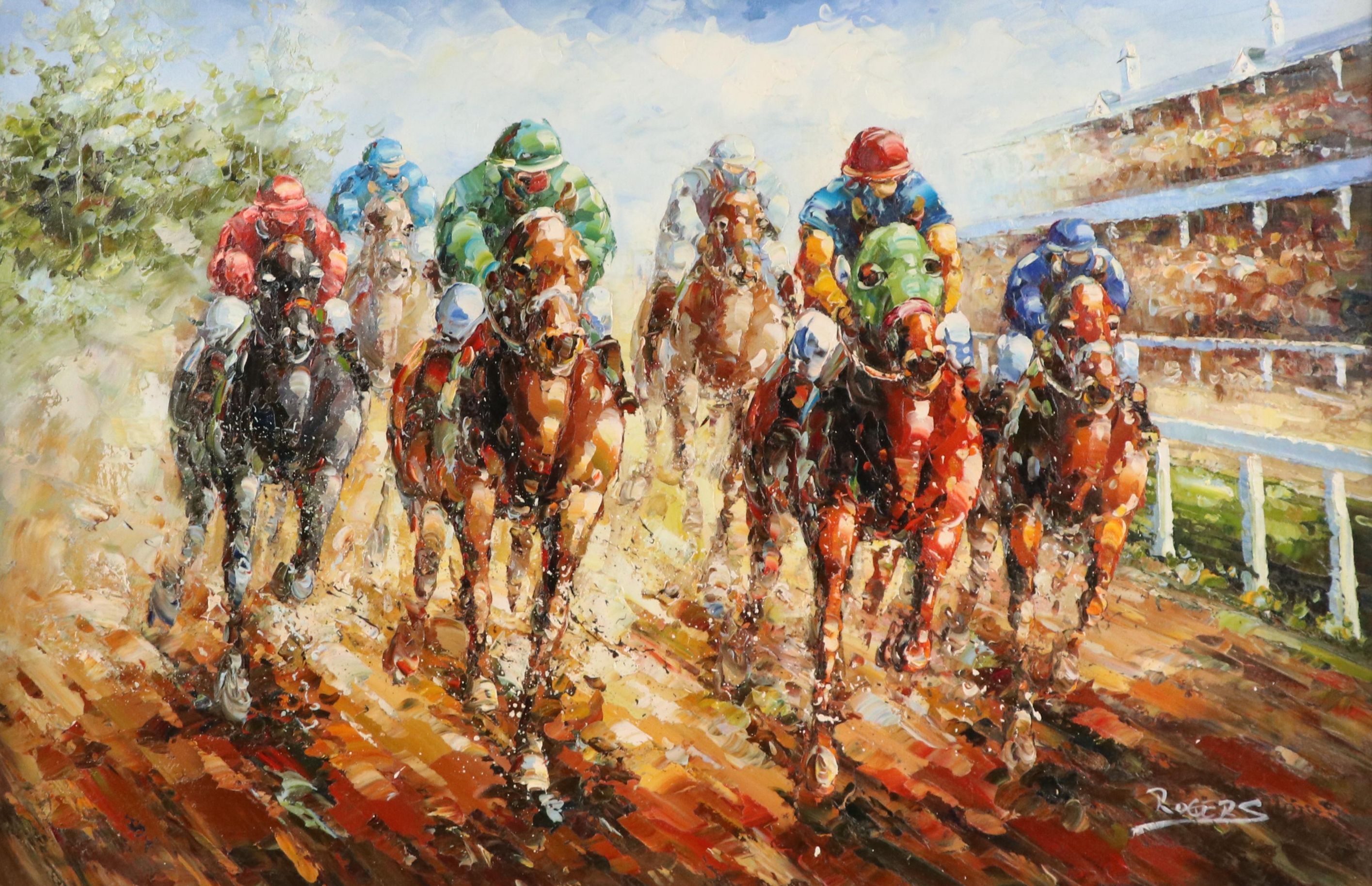 Rogers Oil Painting of Horse Race with Jockeys