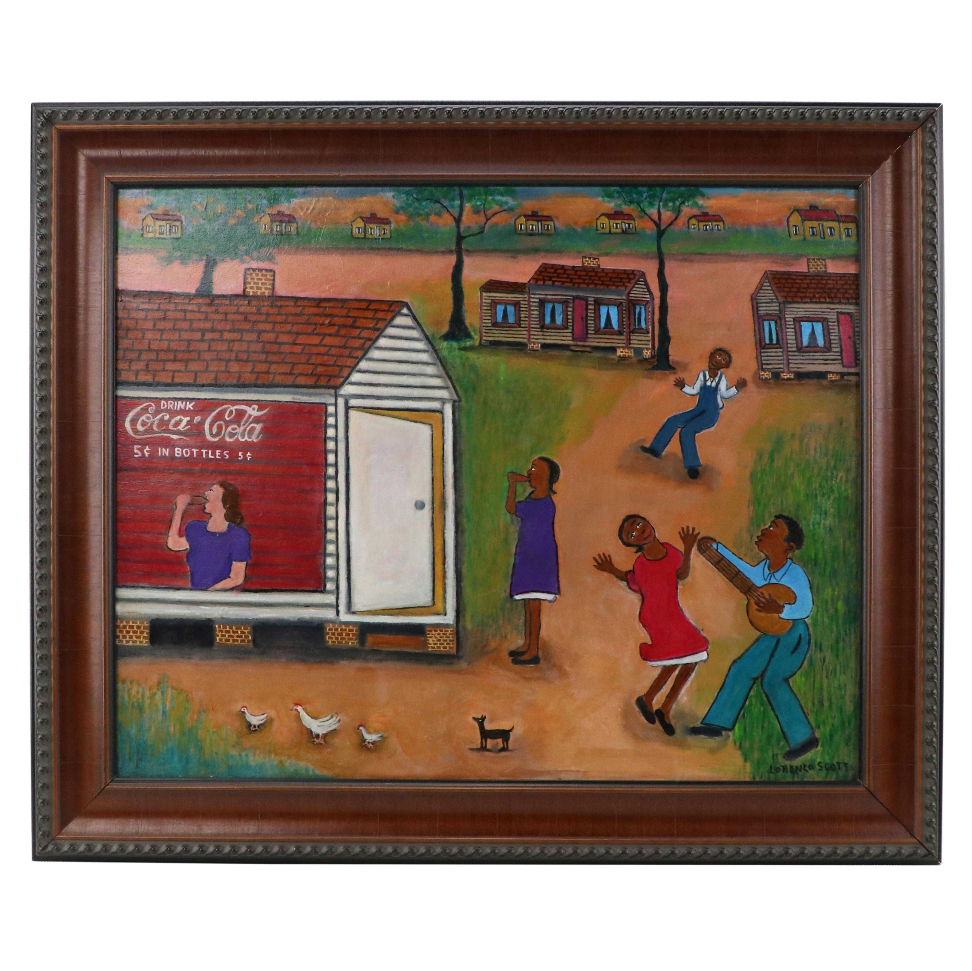 Lorenzo Scott Outsider Art Oil Painting of Genre Scene with Figures