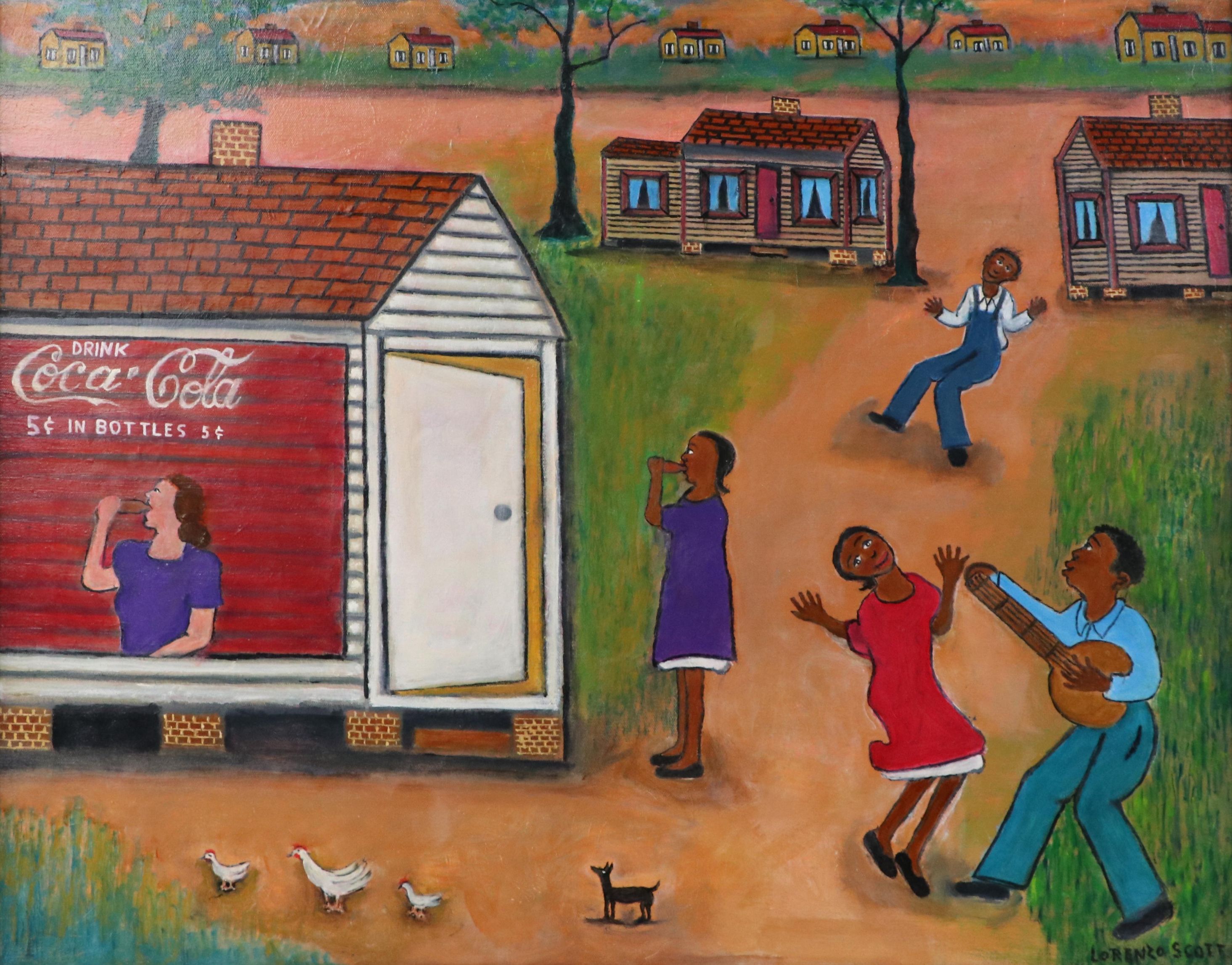 Lorenzo Scott Outsider Art Oil Painting of Genre Scene with Figures