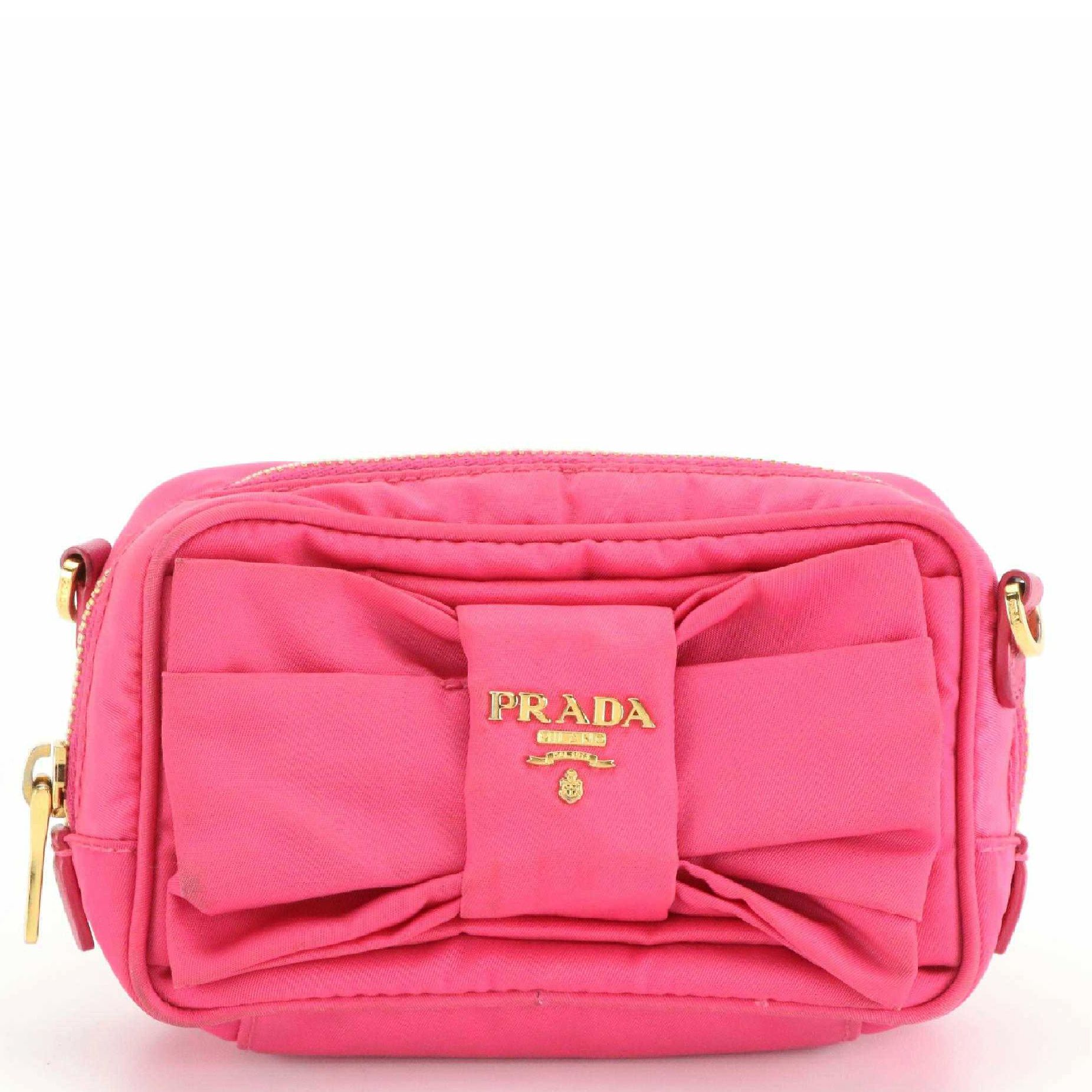 Prada Bow Crossbody Bag in Pink Tessuto Nylon and Saffiano Leather Trim