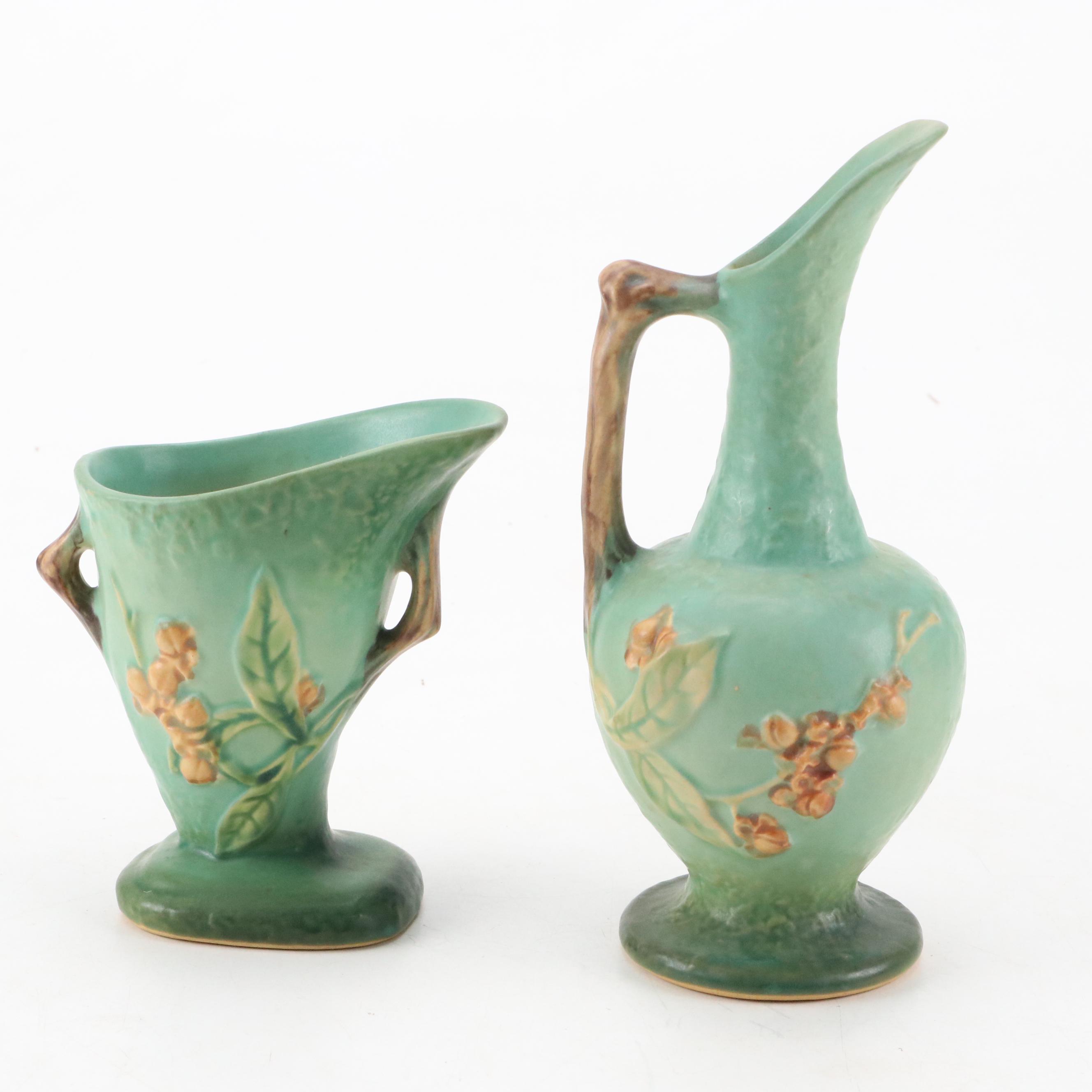 Roseville "Bittersweet Green" Ceramic Ewer and Double Handled Vase