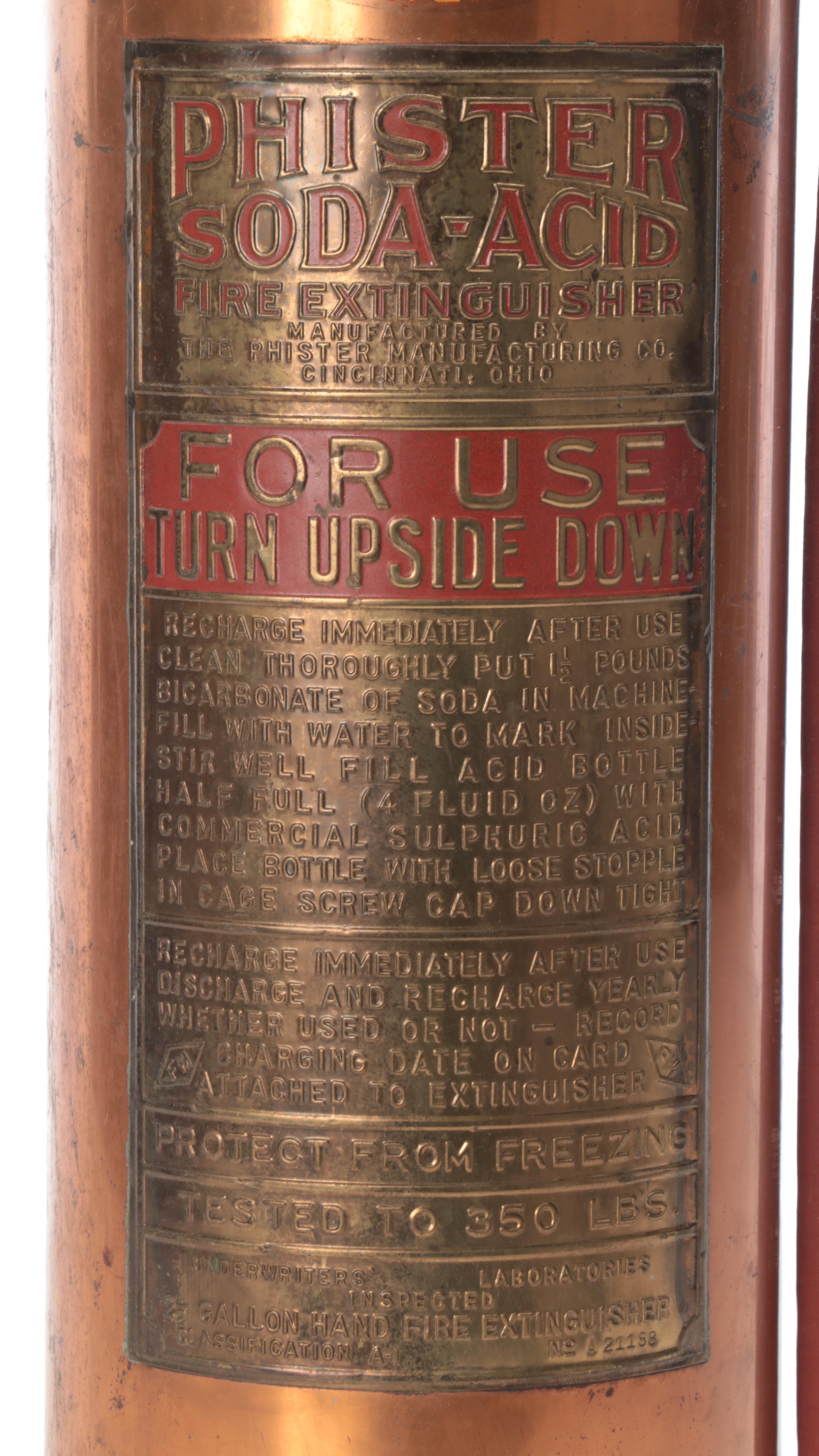 Phister Soda-Acid Copper Fire Extinguisher, Early 20th Century