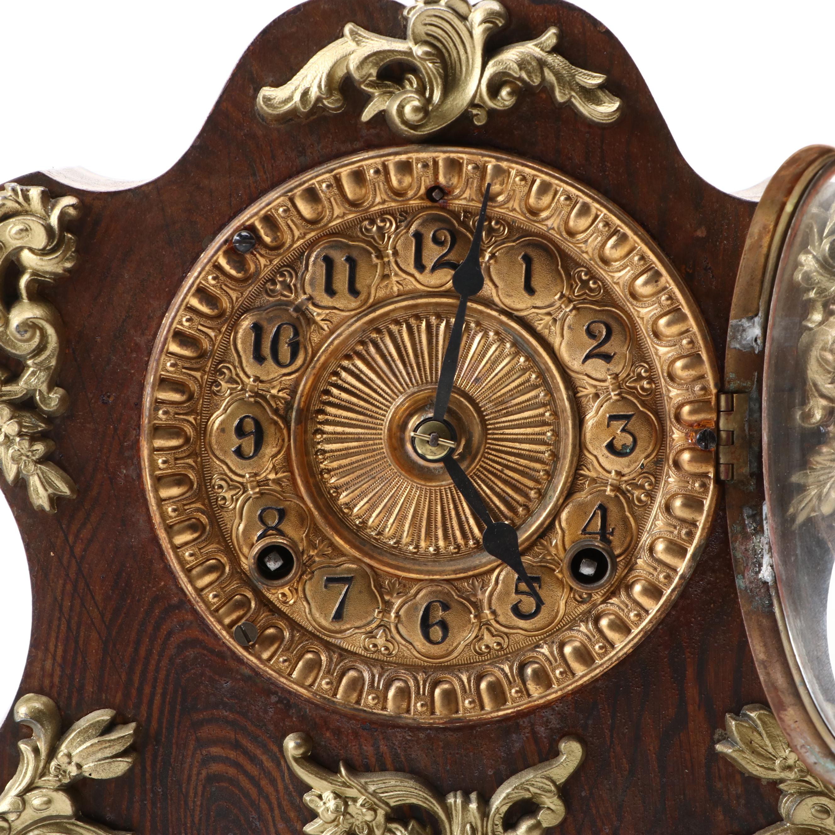 Late Victorian Ansonia Quarter Sawn Oak Mantel Clock with Brass Accents