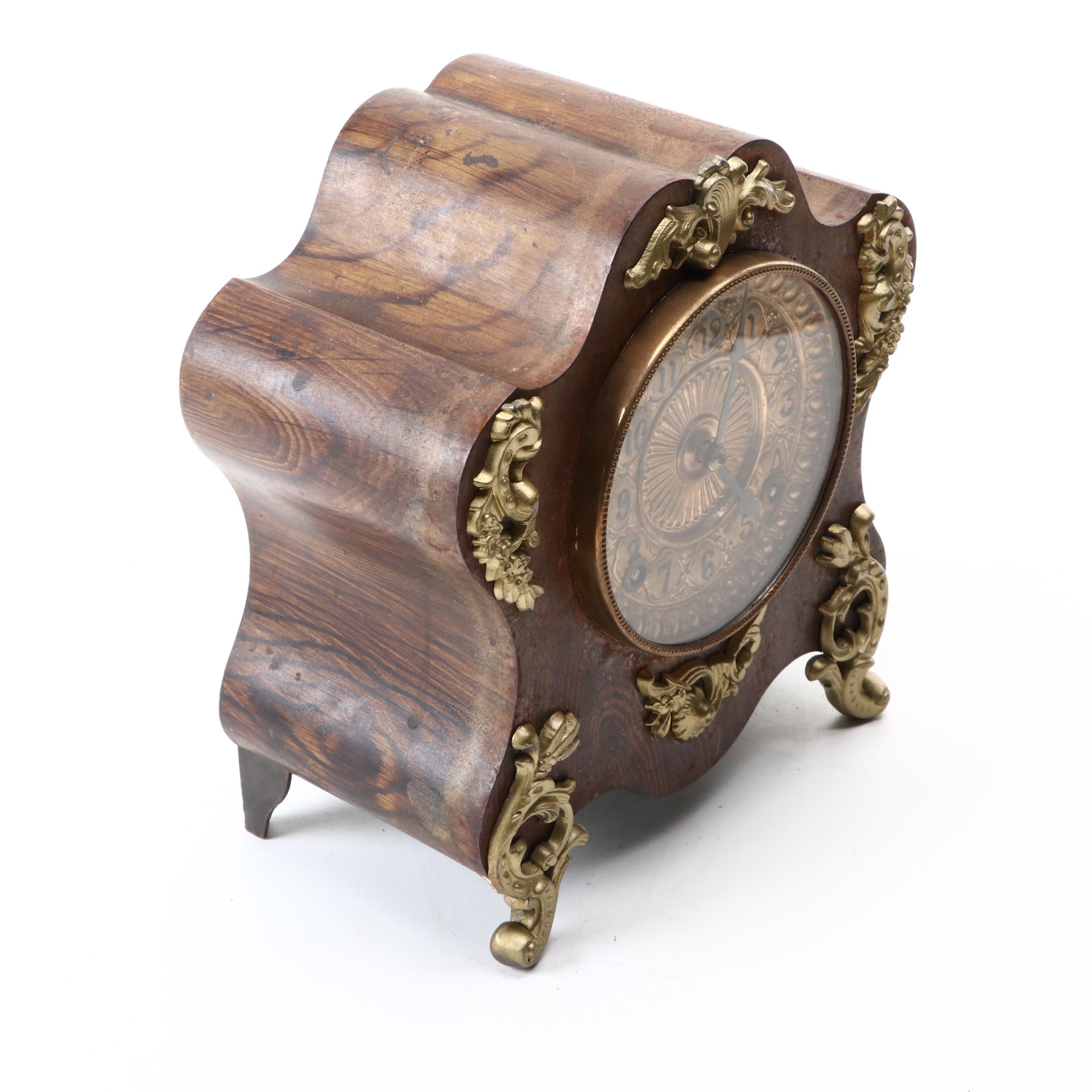 Late Victorian Ansonia Quarter Sawn Oak Mantel Clock with Brass Accents