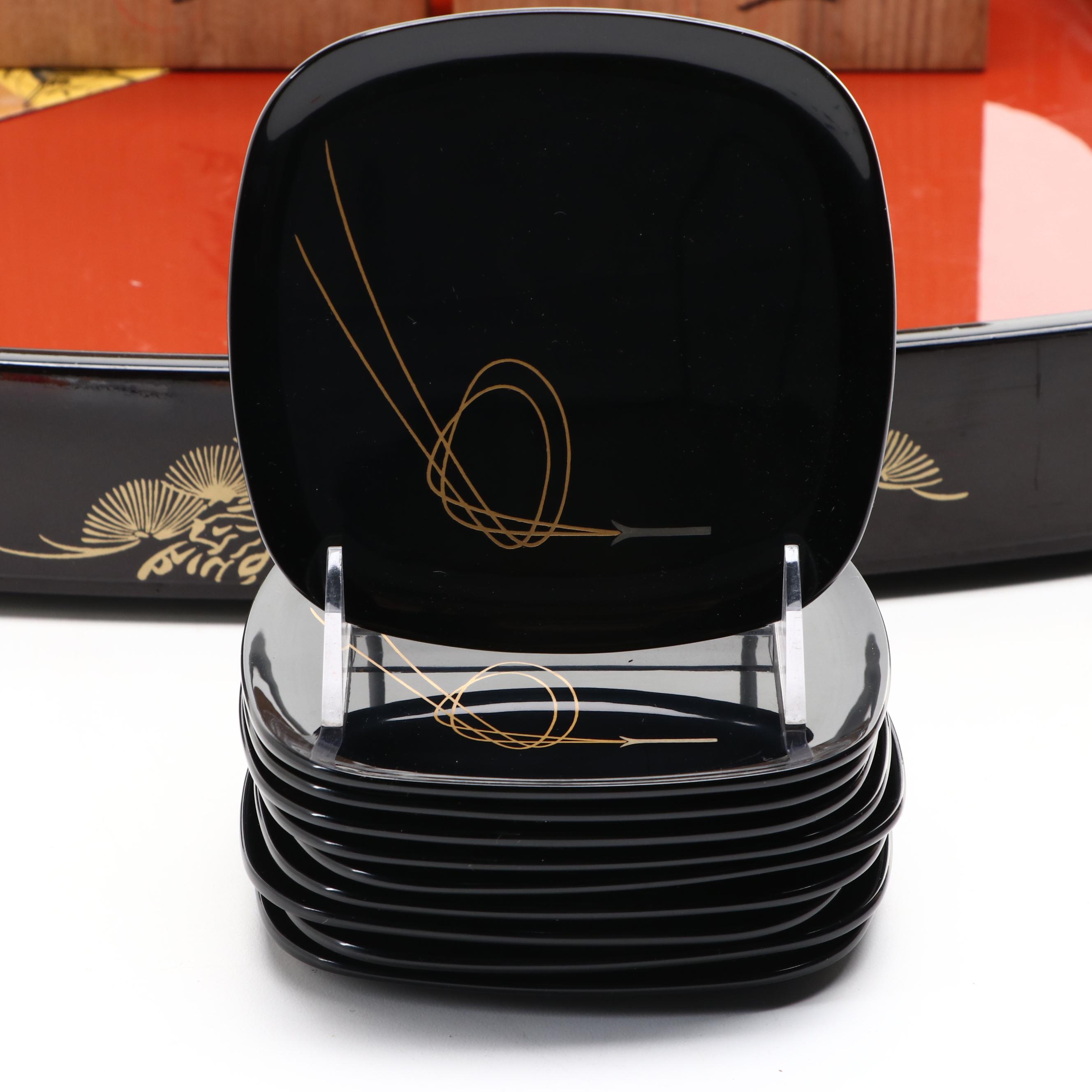 Yamada Heiando Co. Japanese Lacquer Ware Platter and Plates