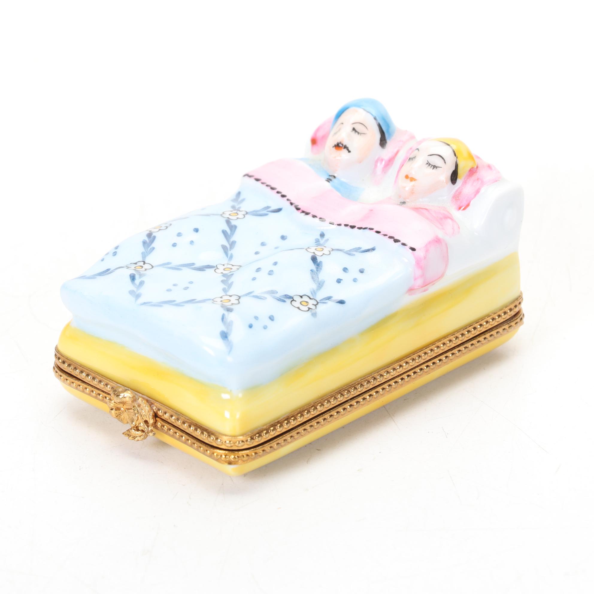 Limoges Hand Painted Couple Snuggled In Bed Hinged Trinket Box