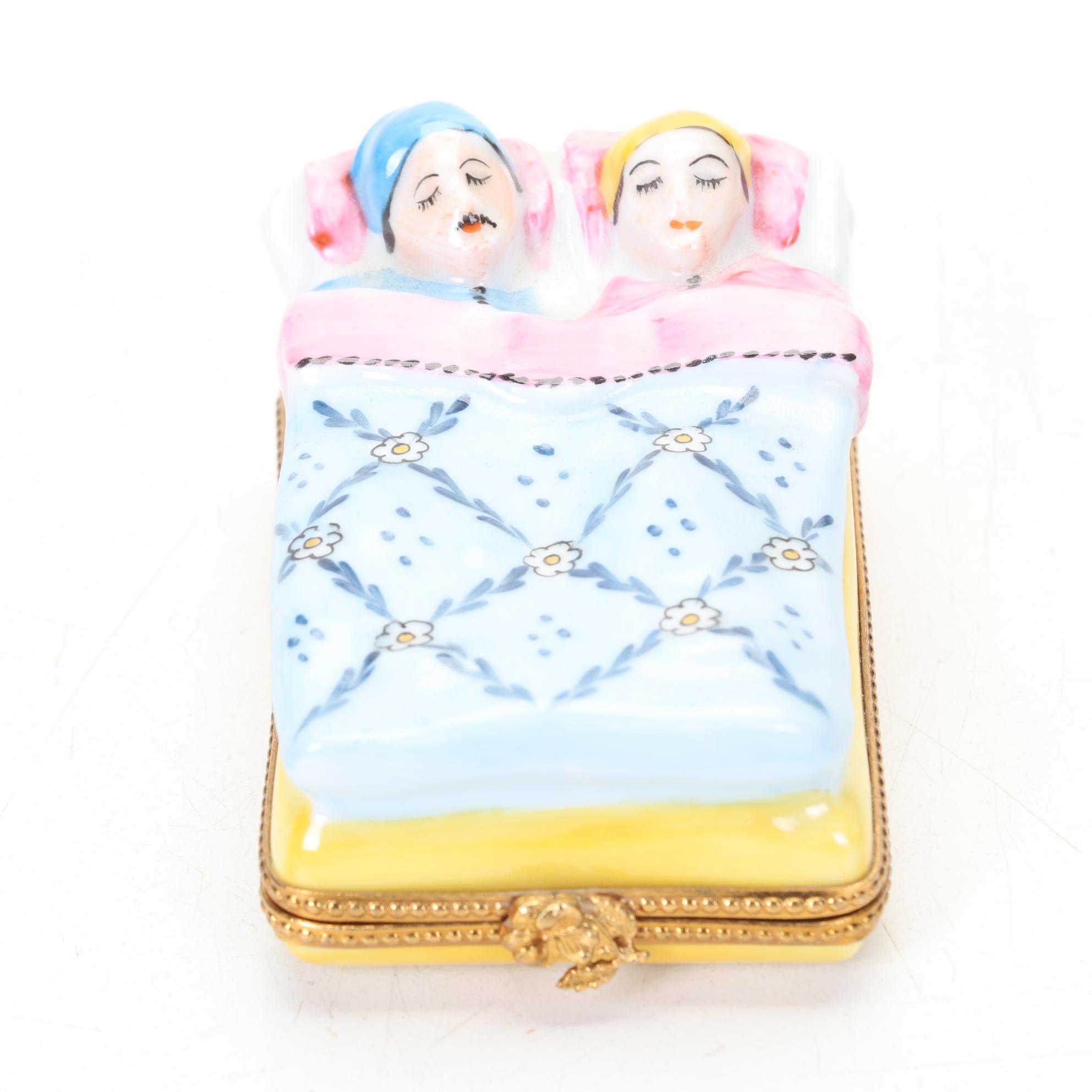 Limoges Hand Painted Couple Snuggled In Bed Hinged Trinket Box
