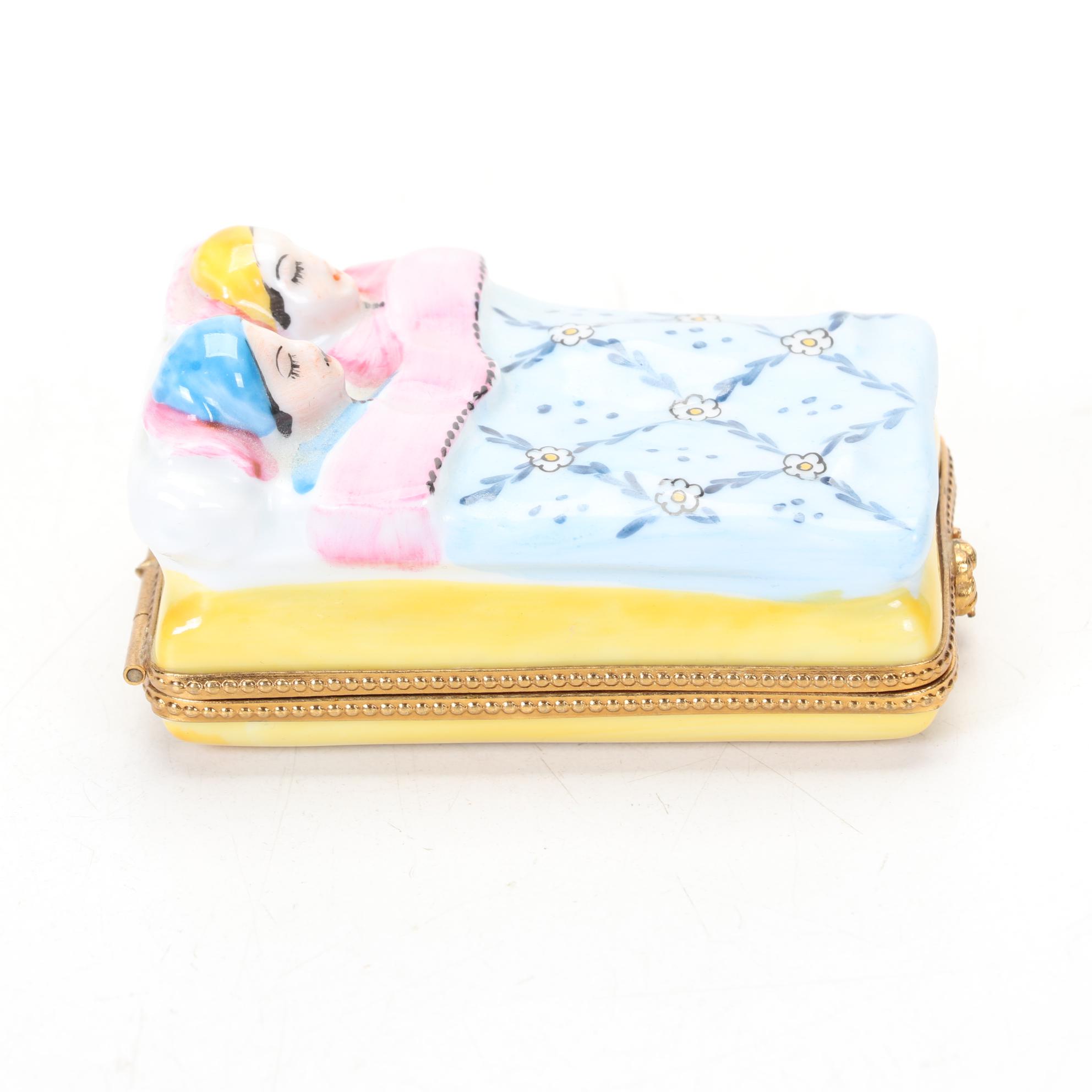 Limoges Hand Painted Couple Snuggled In Bed Hinged Trinket Box