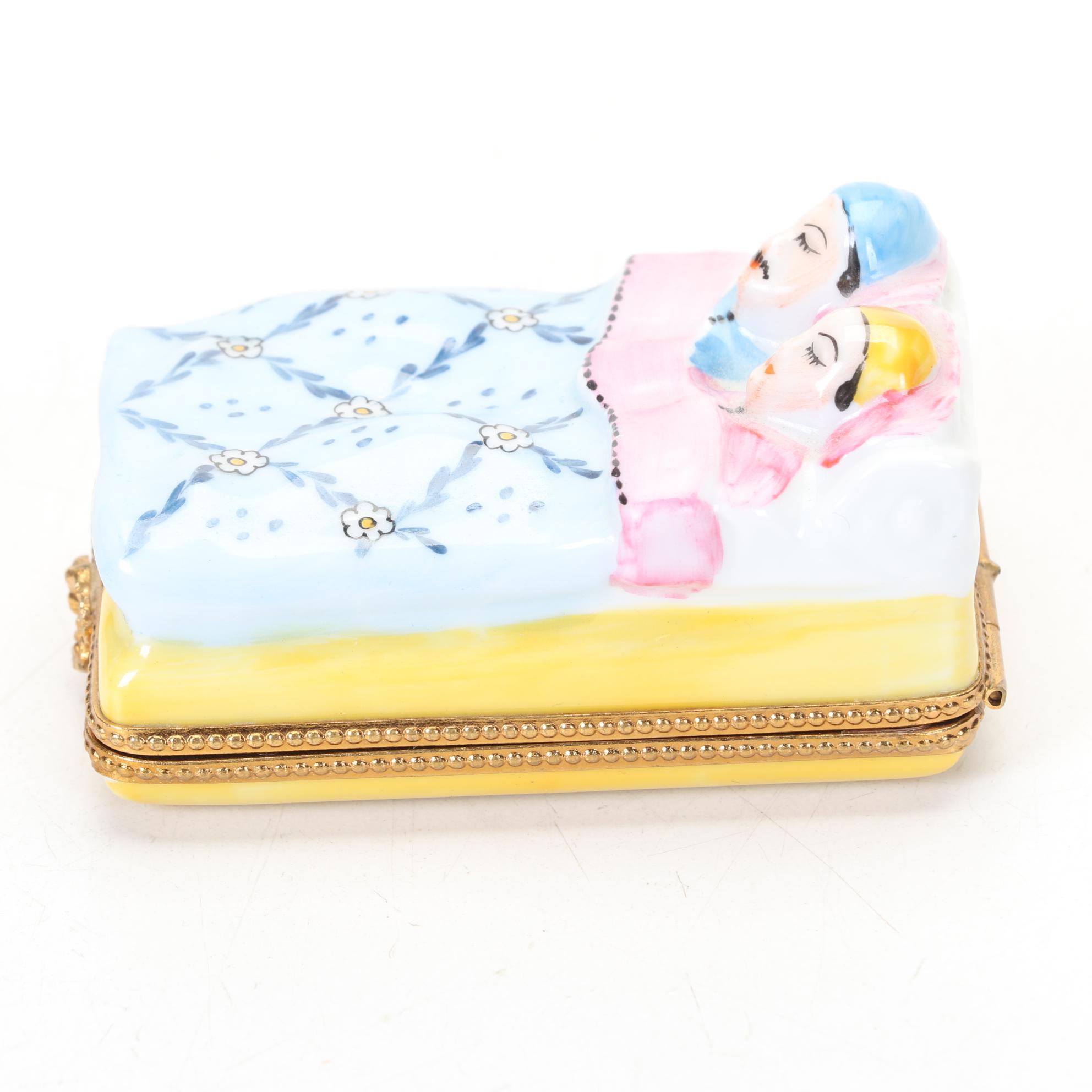 Limoges Hand Painted Couple Snuggled In Bed Hinged Trinket Box