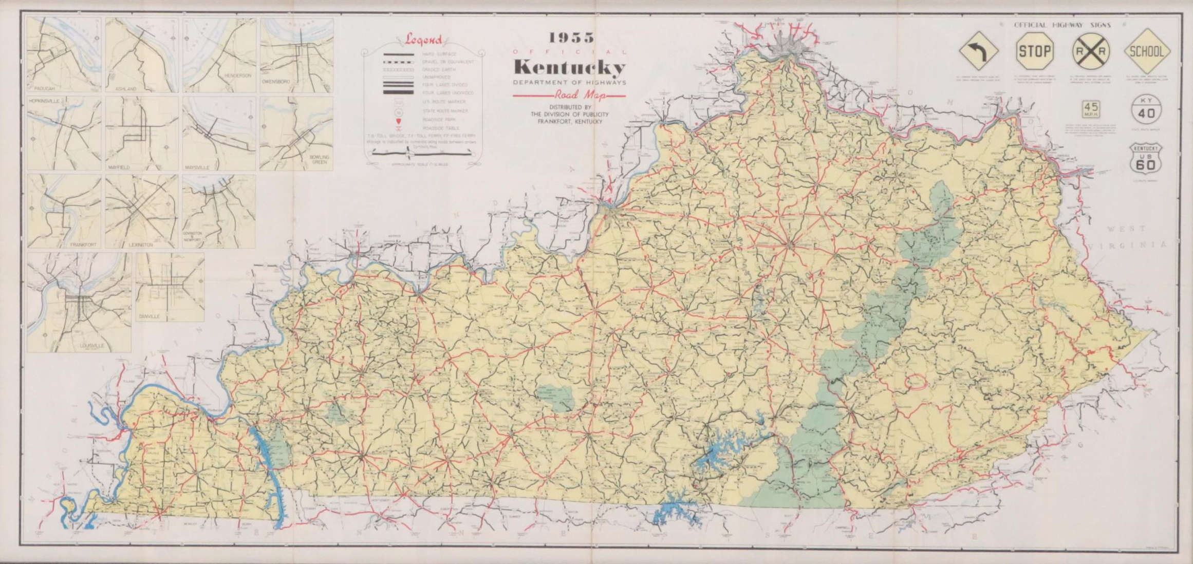 Lithograph Map "Official Kentucky Department of Highways Road Map," 1955