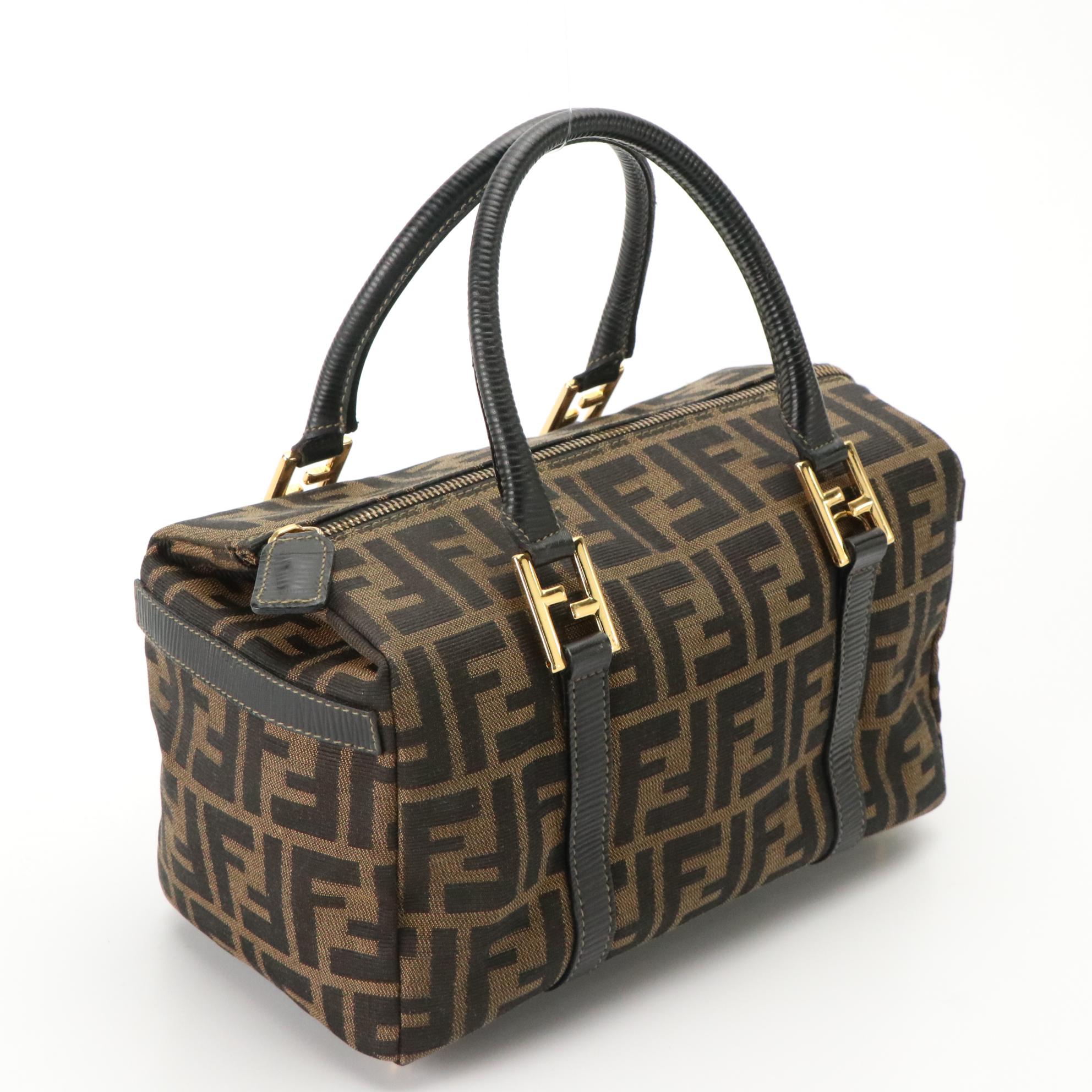 Fendi Zucca Canvas and Black Leather Top Handle Handbag