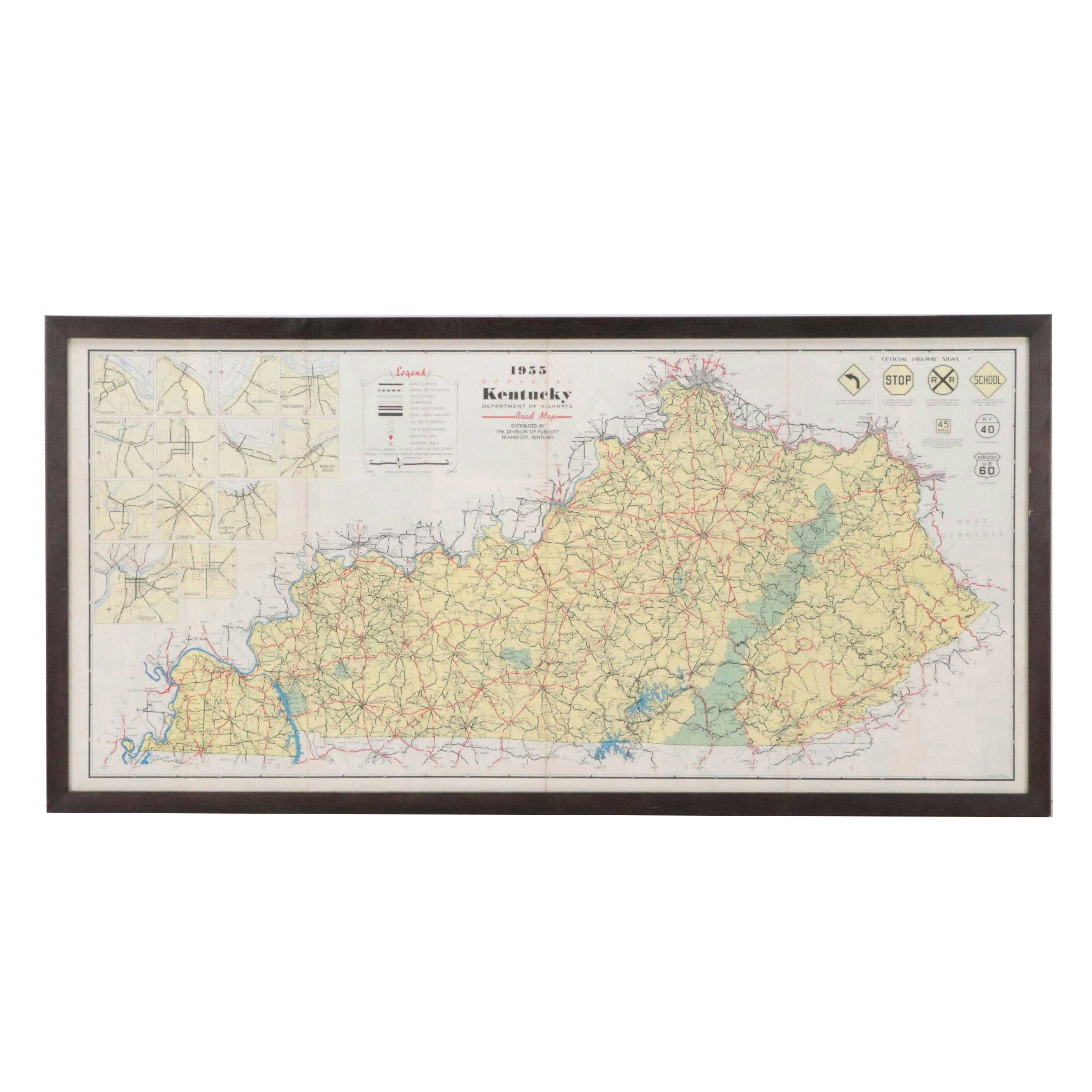 Lithograph Map "Official Kentucky Department of Highways Road Map," 1955