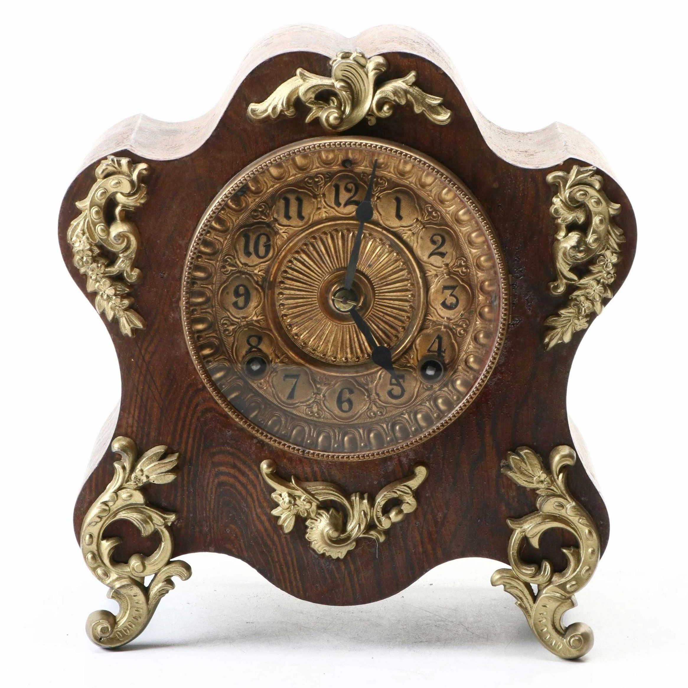 Late Victorian Ansonia Quarter Sawn Oak Mantel Clock with Brass Accents