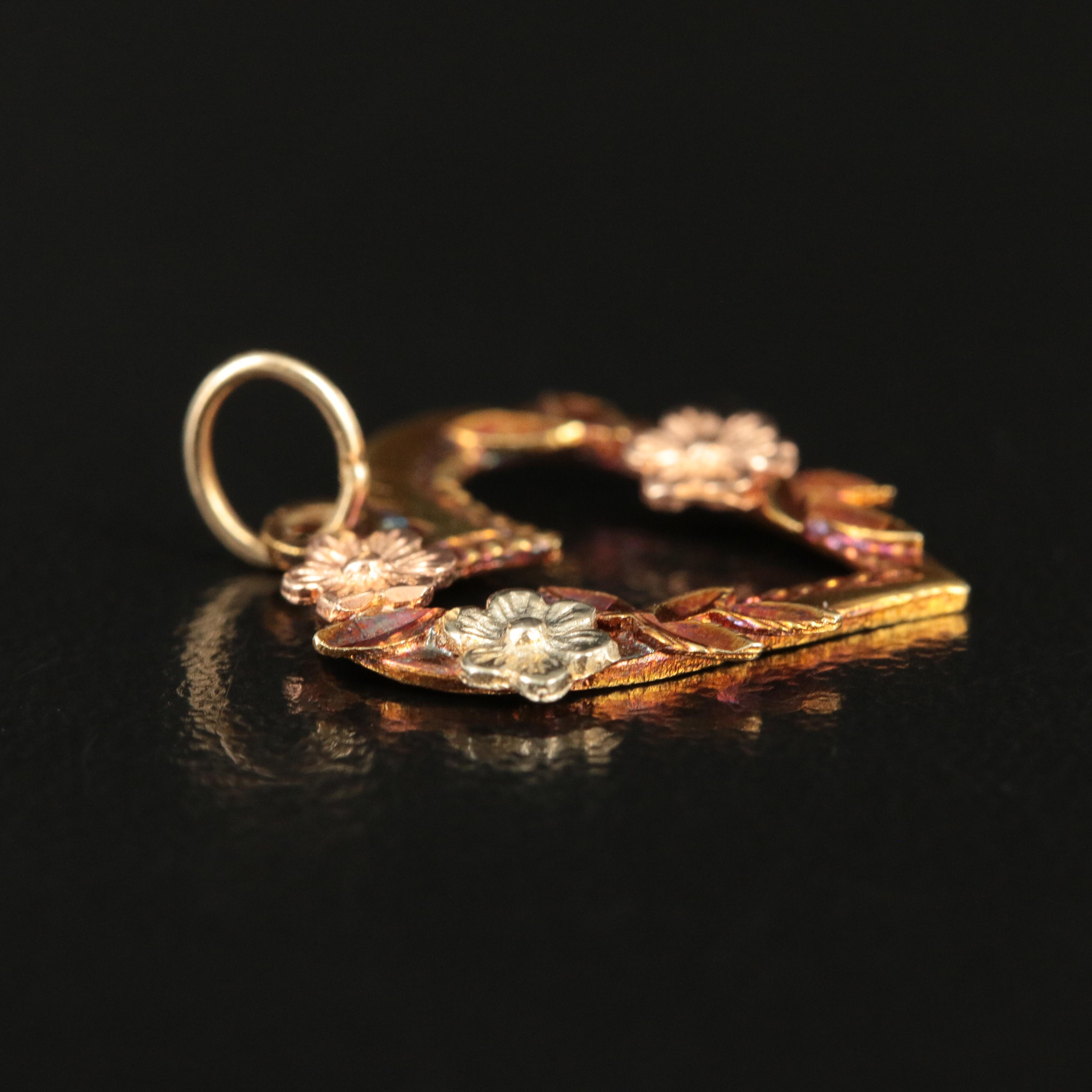 14K Flower Heart Pendant with Green and Rose Gold Accents