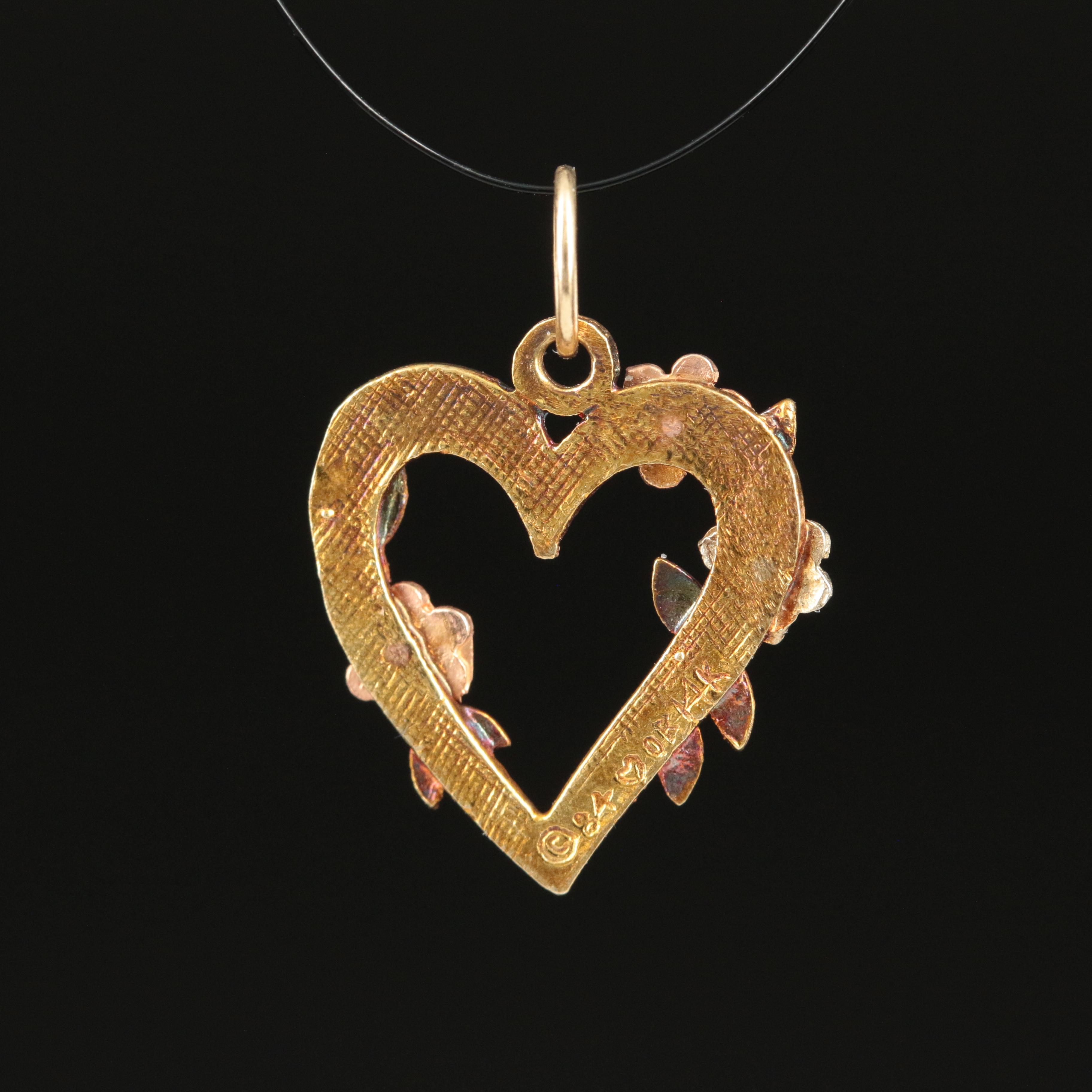 14K Flower Heart Pendant with Green and Rose Gold Accents