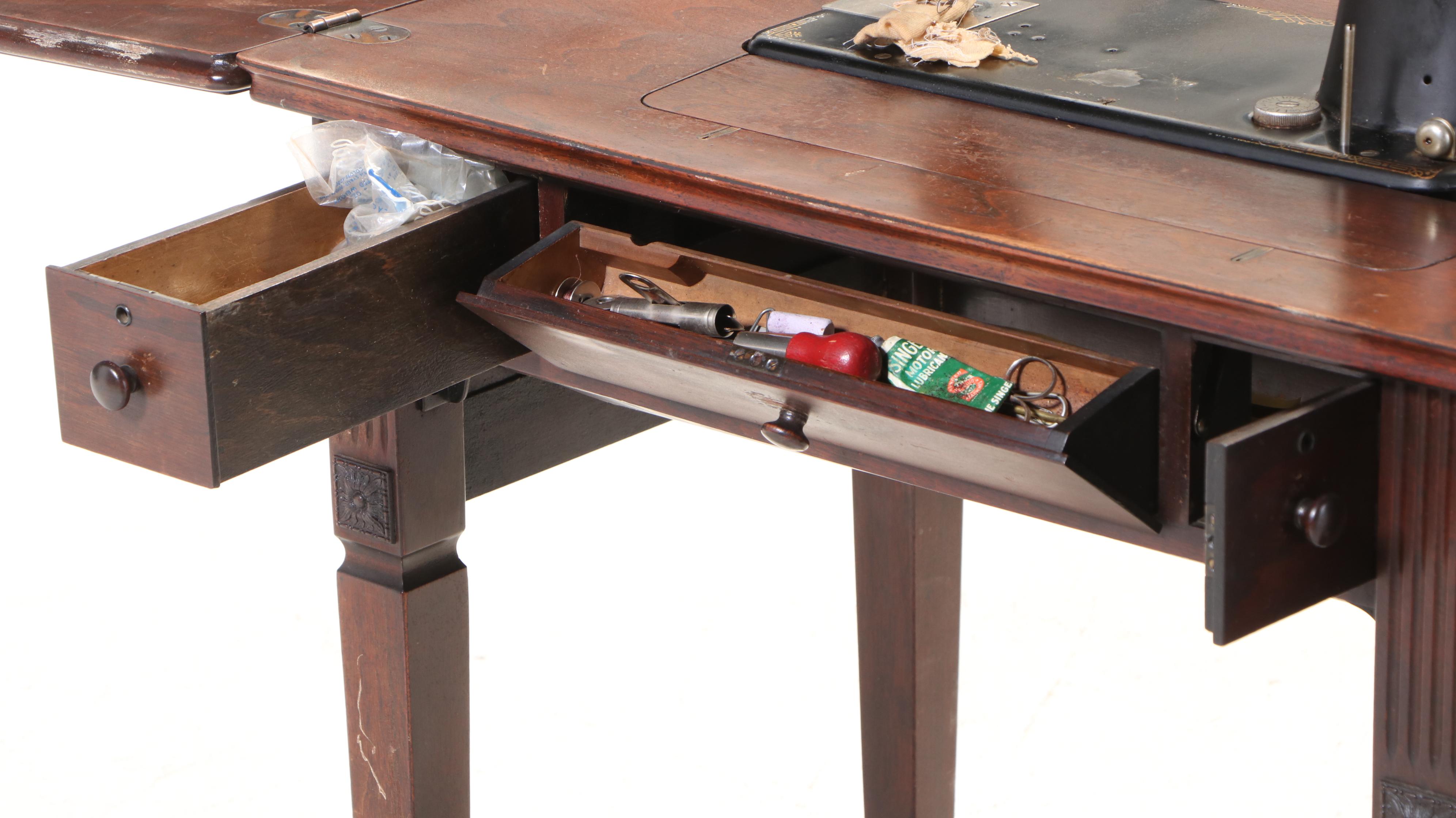 Singer Electric Sewing Machine with Drop-Leaf Wood Table, 1940s–1950s