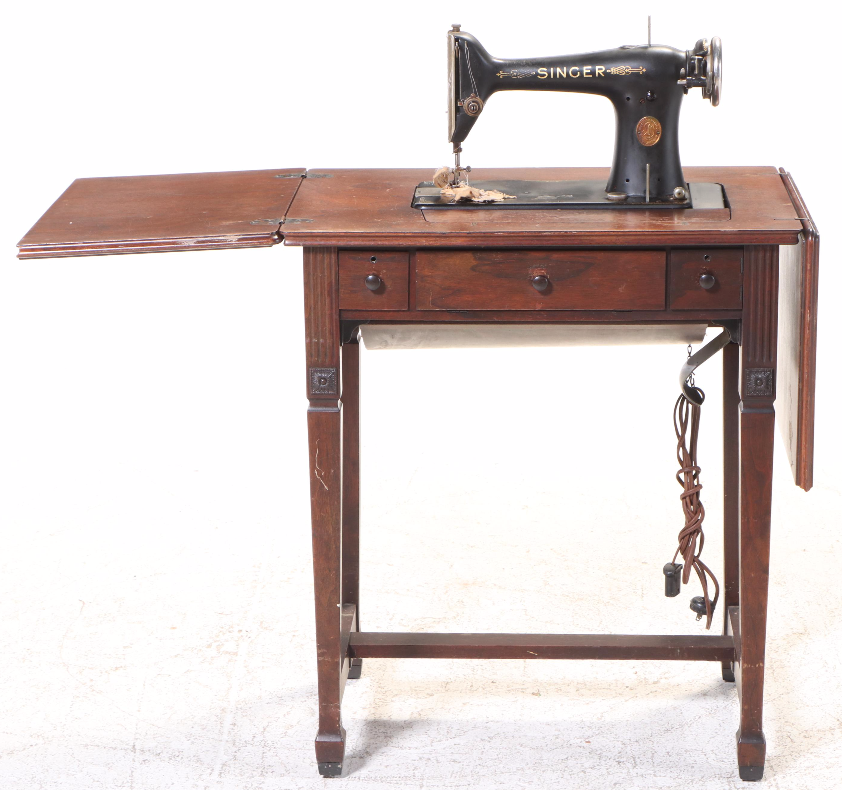 Singer Electric Sewing Machine with Drop-Leaf Wood Table, 1940s–1950s
