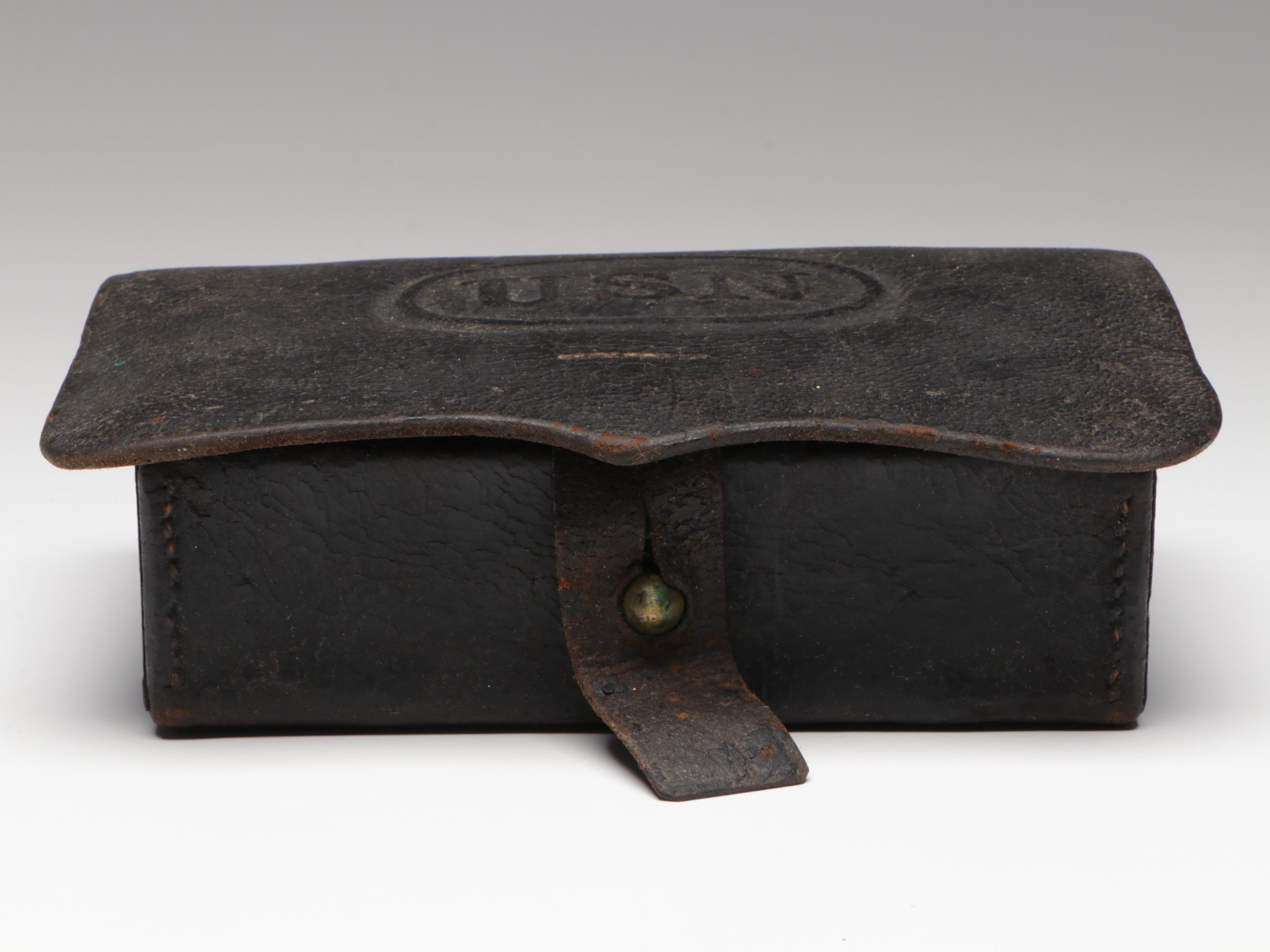 Civil War US Navy Leather Pistol Cartridge Box, Mid-19th Century