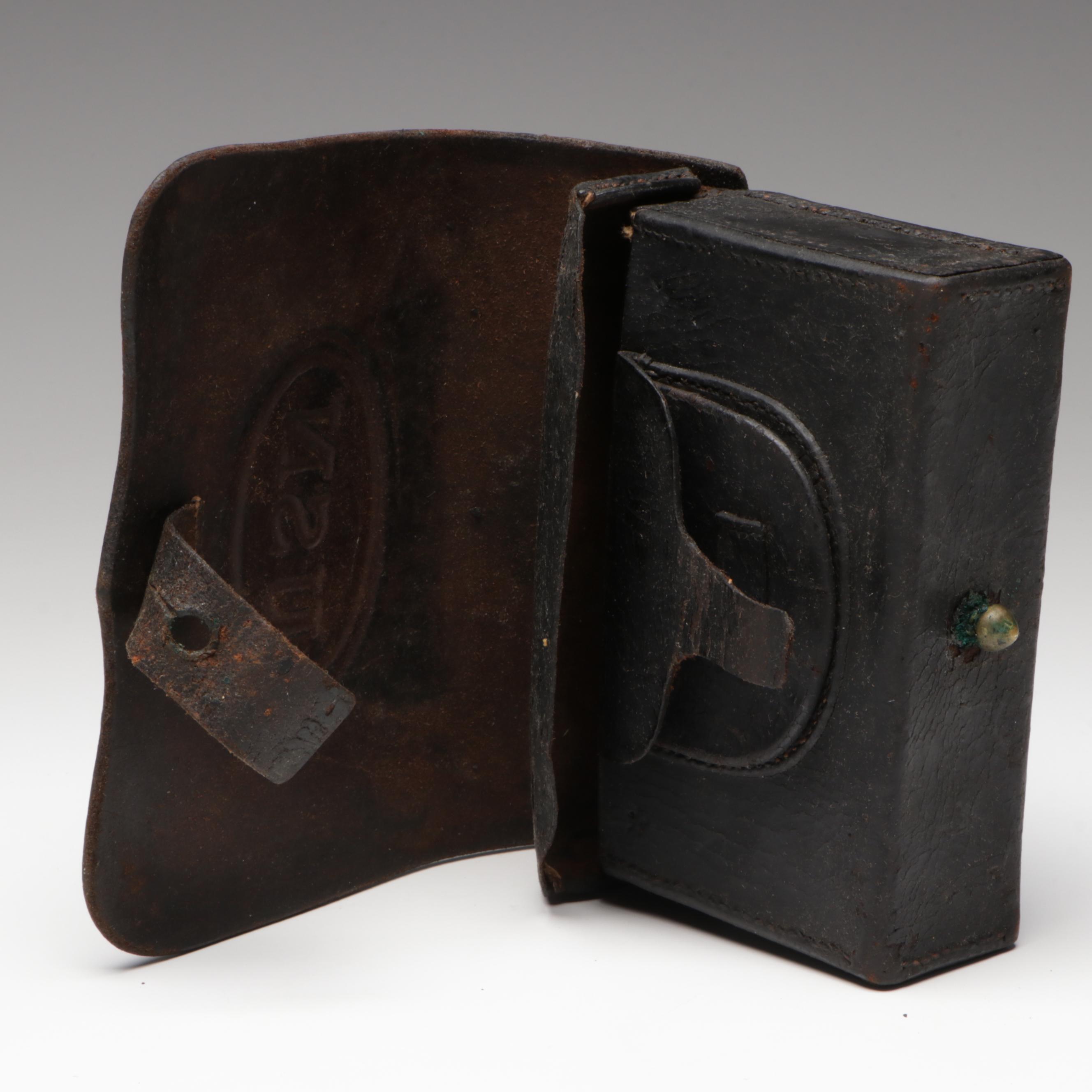 Civil War US Navy Leather Pistol Cartridge Box, Mid-19th Century