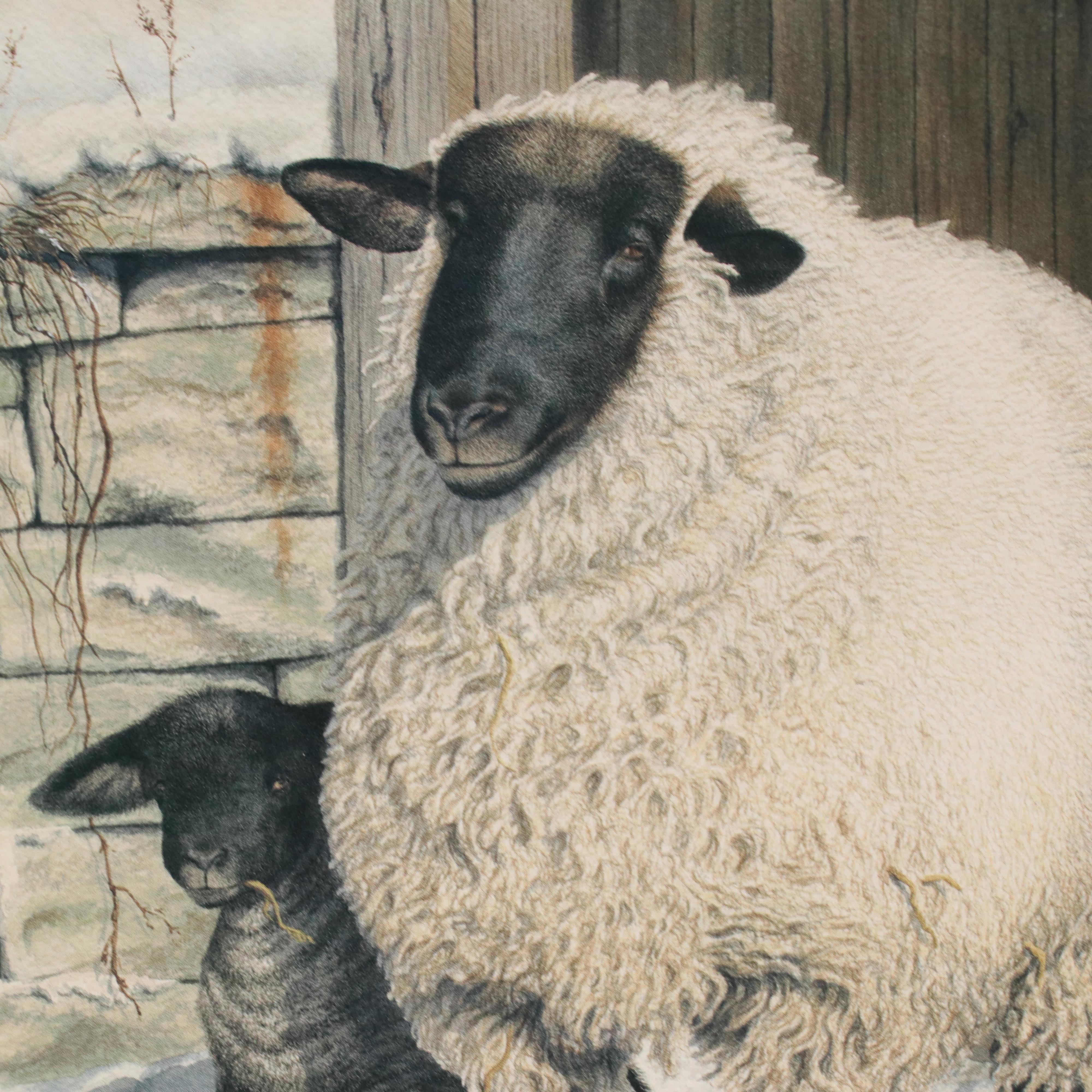 Joan Arnold Offset Lithograph of Sheep in Snowy Scene, Late 20th Century