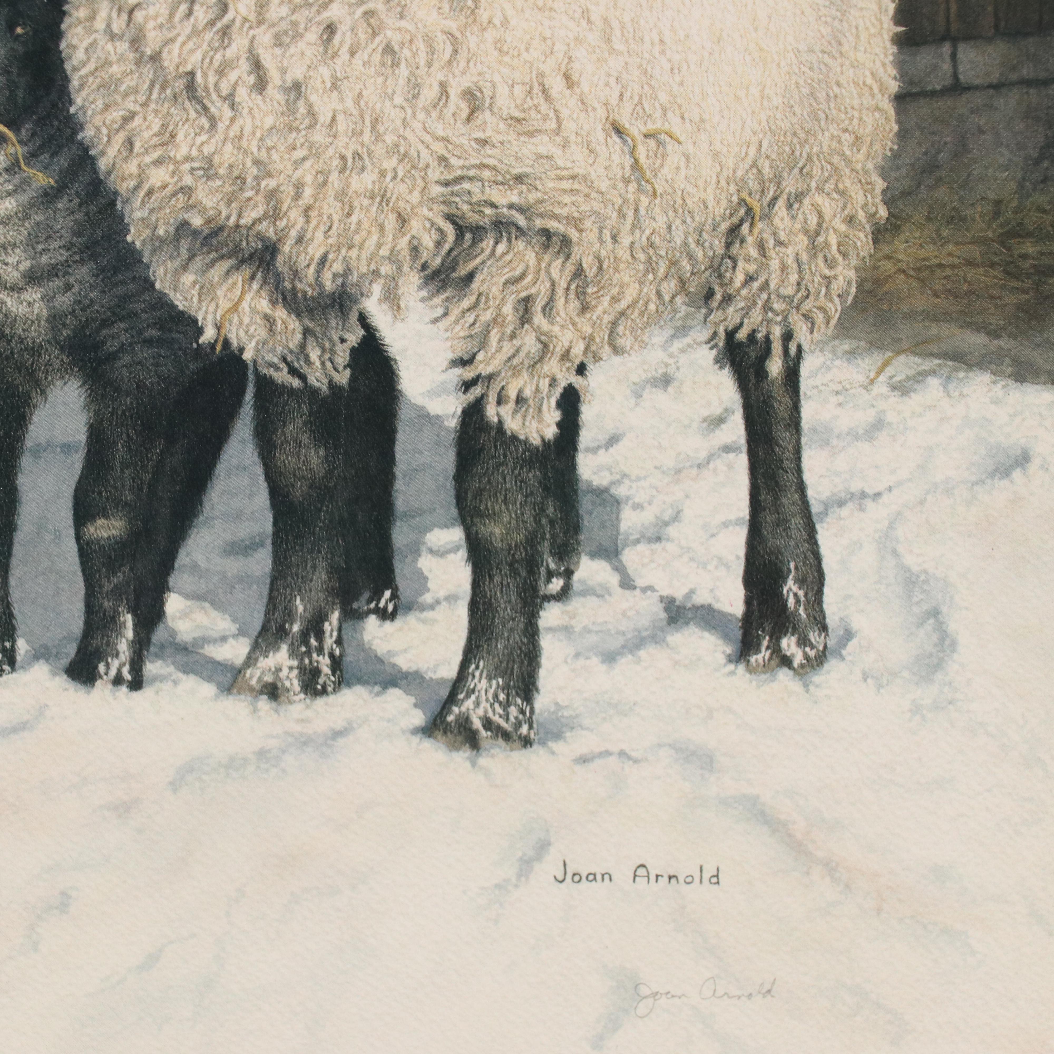 Joan Arnold Offset Lithograph of Sheep in Snowy Scene, Late 20th Century