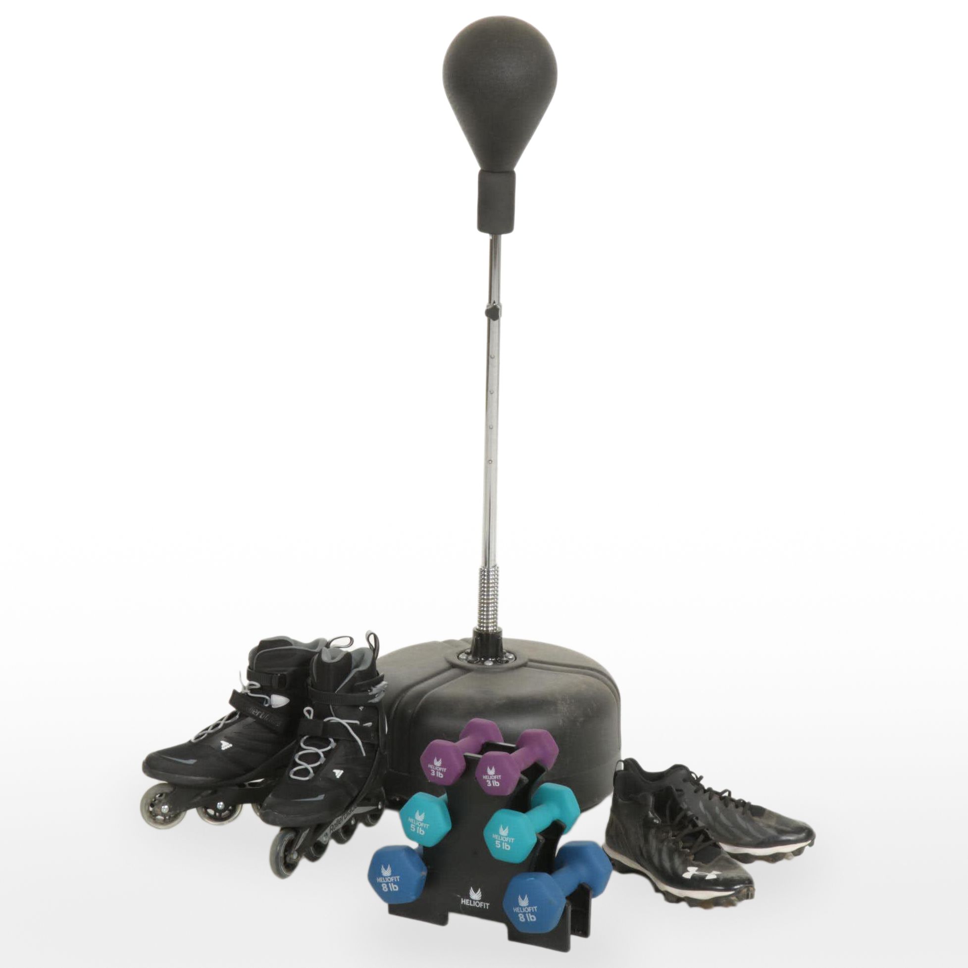 Boxing Reflex Bag on Stand, Rollerblade Inline Skates, Cleats and Hand Weights