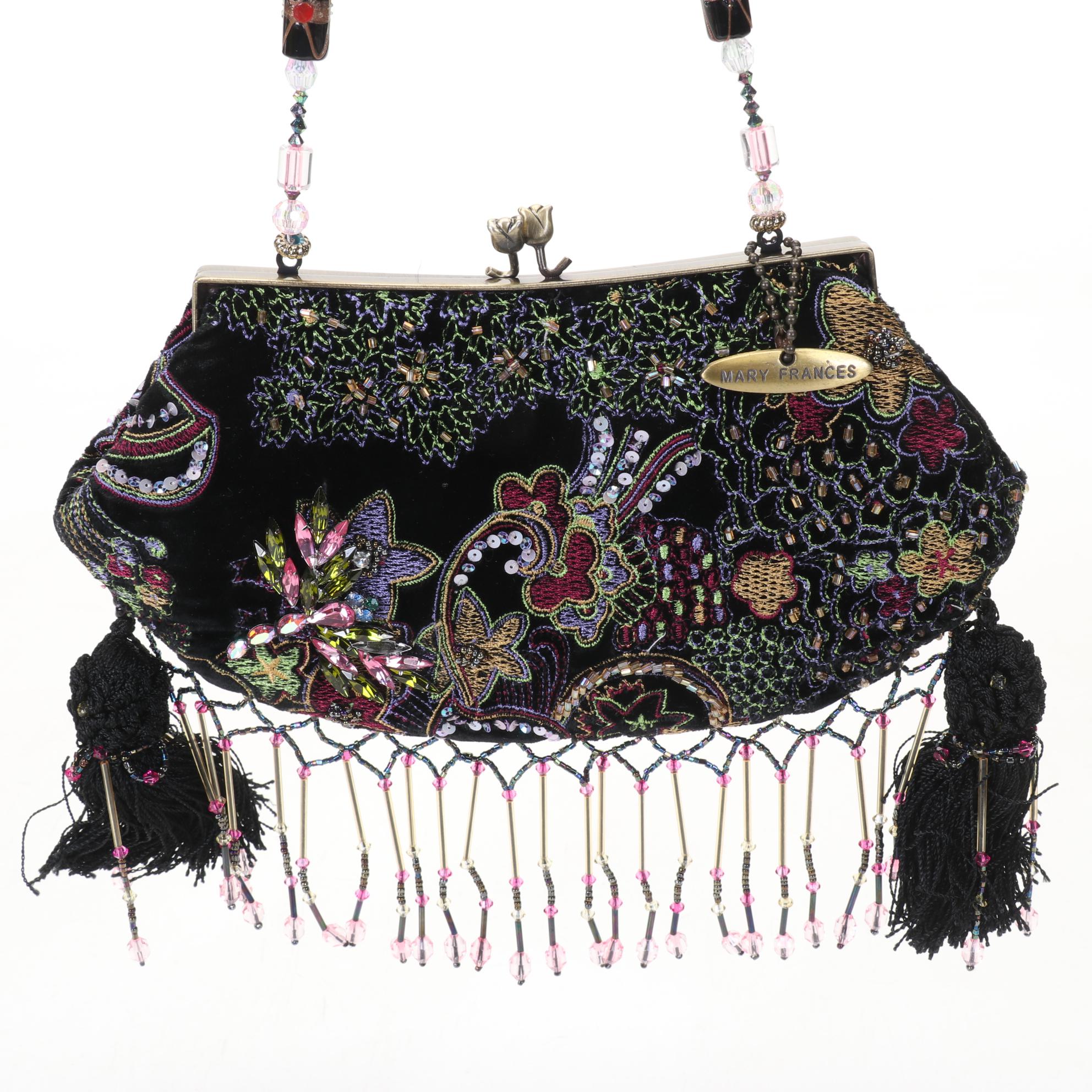 Mary Frances Hand Jeweled and Beaded Velvet Handbag with Beaded Strap