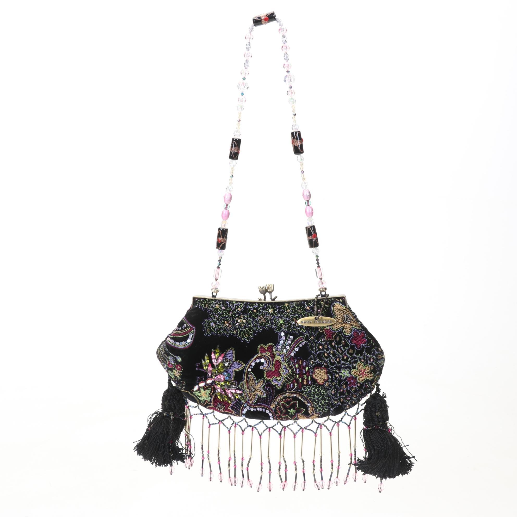 Mary Frances Hand Jeweled and Beaded Velvet Handbag with Beaded Strap