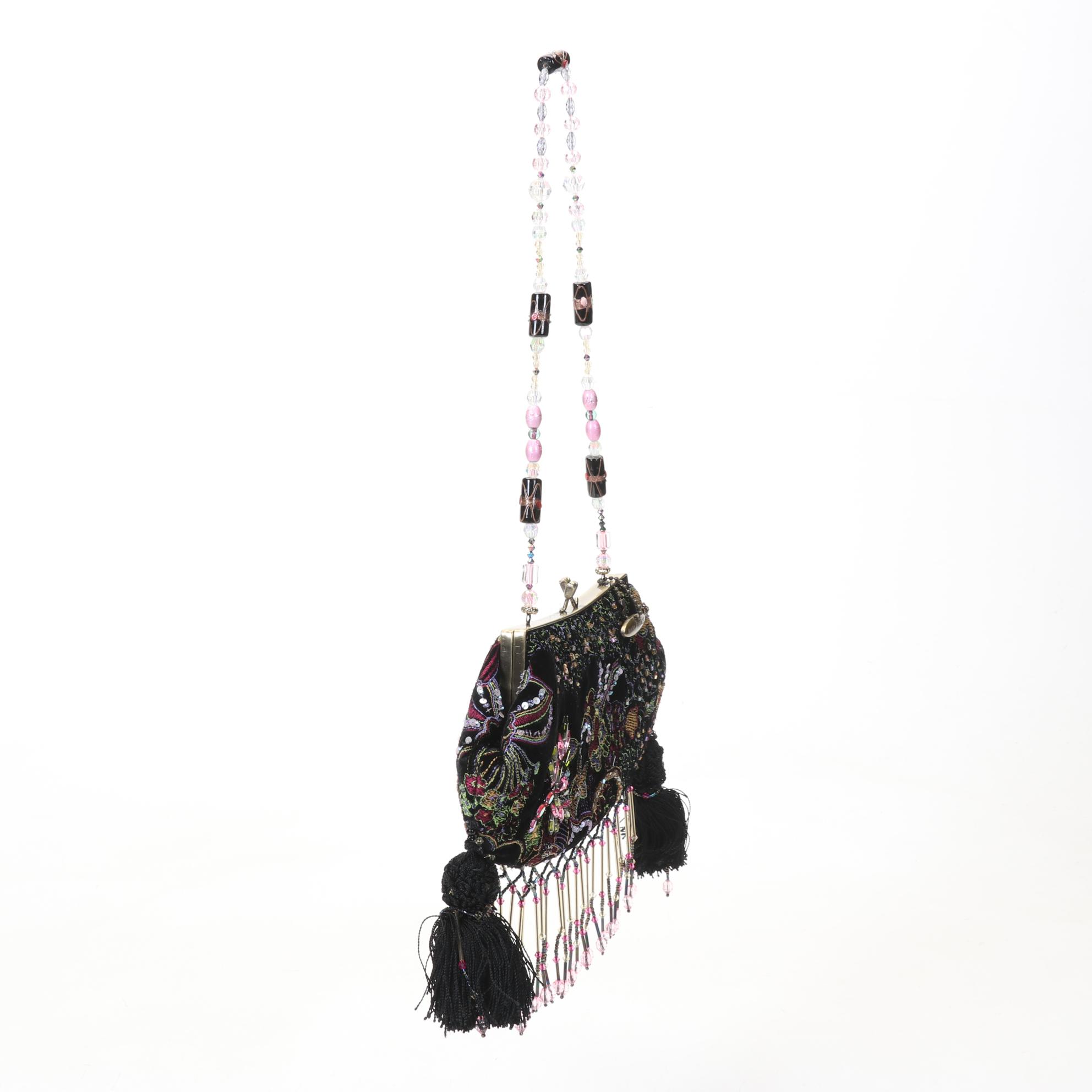 Mary Frances Hand Jeweled and Beaded Velvet Handbag with Beaded Strap