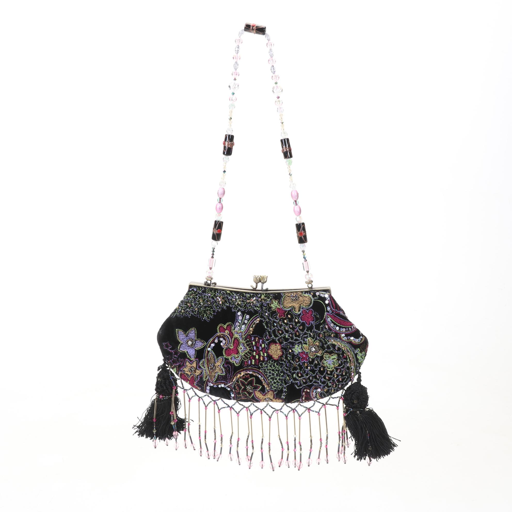 Mary Frances Hand Jeweled and Beaded Velvet Handbag with Beaded Strap
