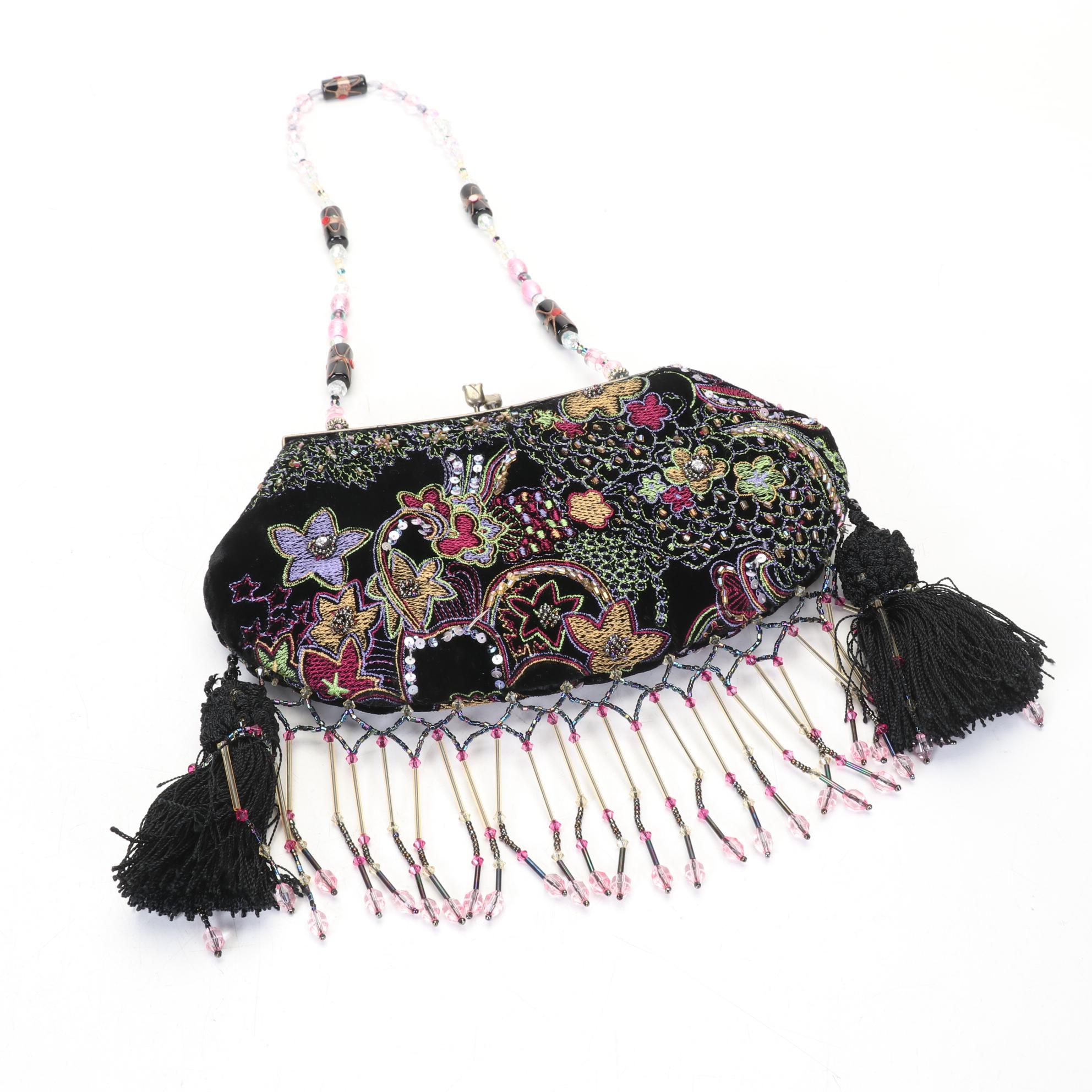 Mary Frances Hand Jeweled and Beaded Velvet Handbag with Beaded Strap