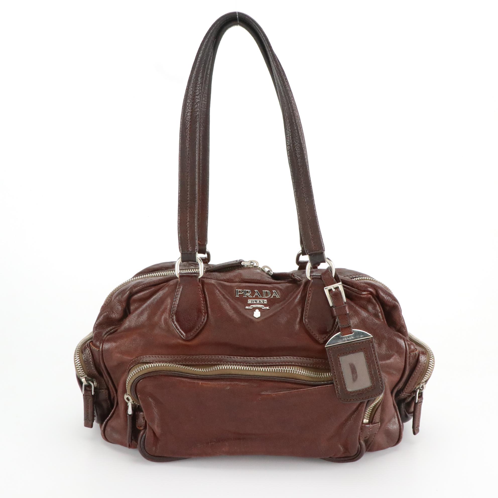Prada Multi-Pocket Shoulder Bag in Coconut Brown Washed Leather