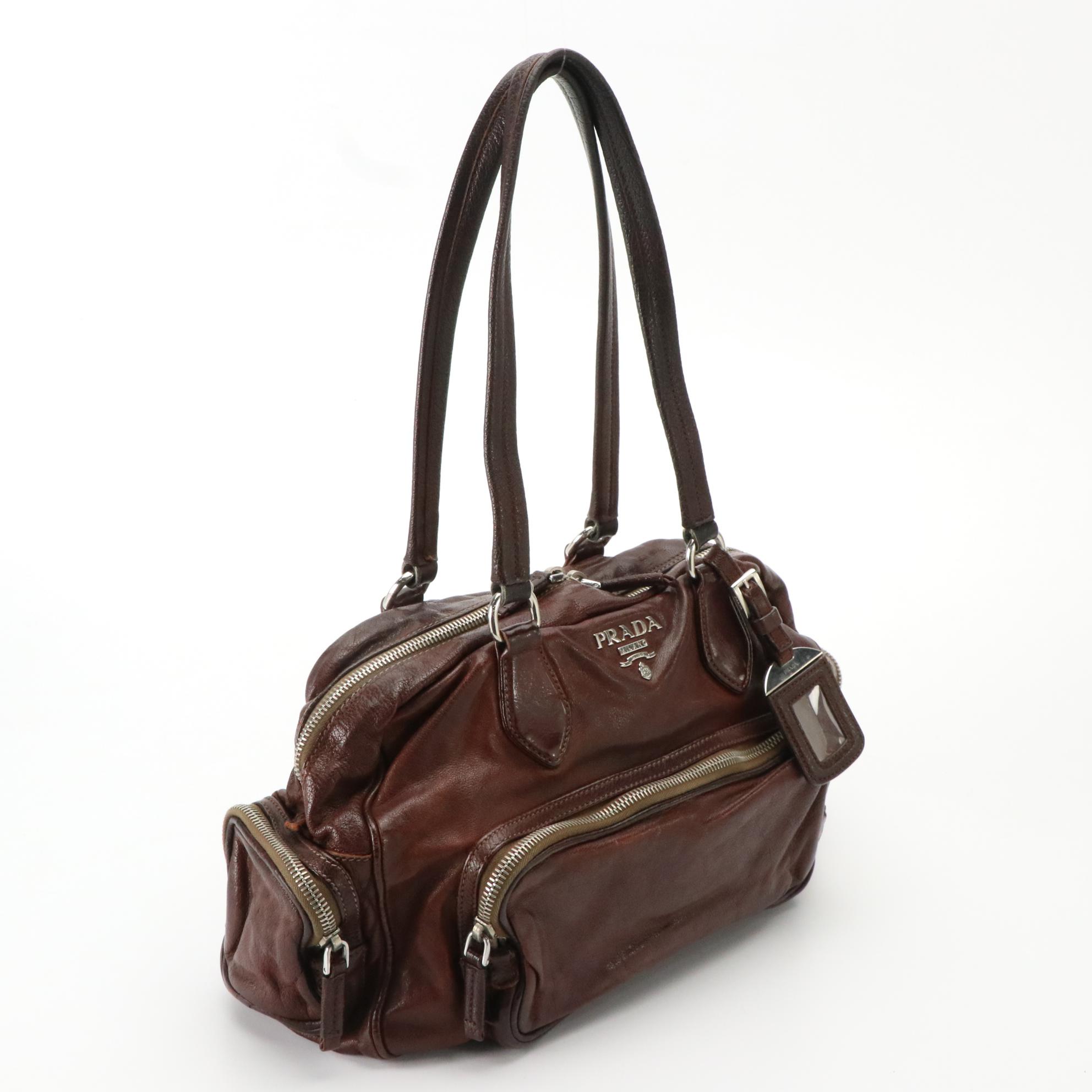 Prada Multi-Pocket Shoulder Bag in Coconut Brown Washed Leather
