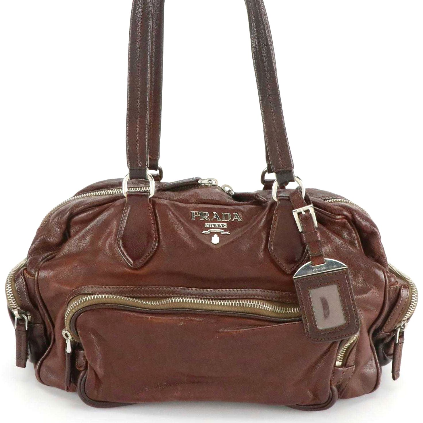 Prada Multi-Pocket Shoulder Bag in Coconut Brown Washed Leather