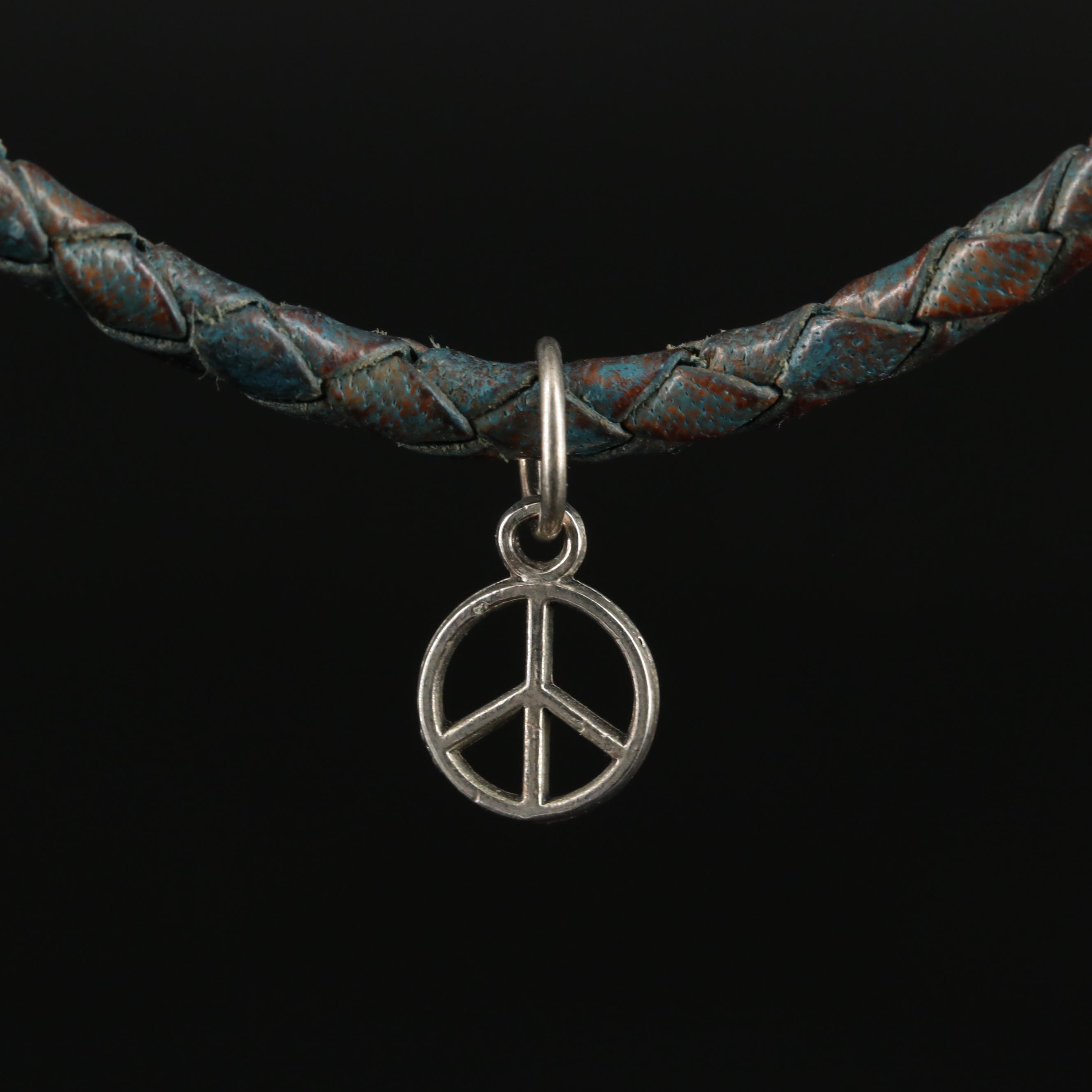Sterling Leather Peace Sign Pendant Necklace