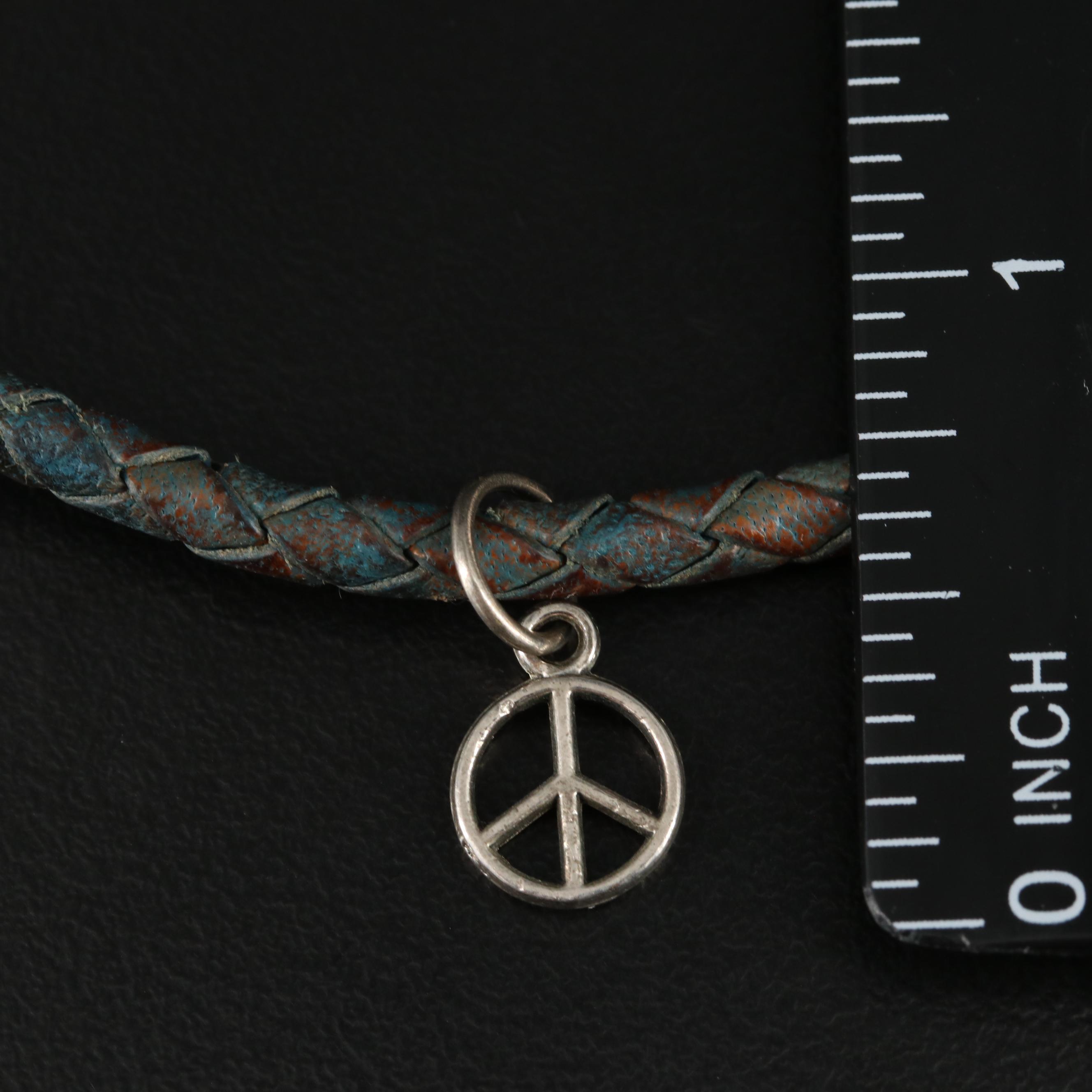 Sterling Leather Peace Sign Pendant Necklace