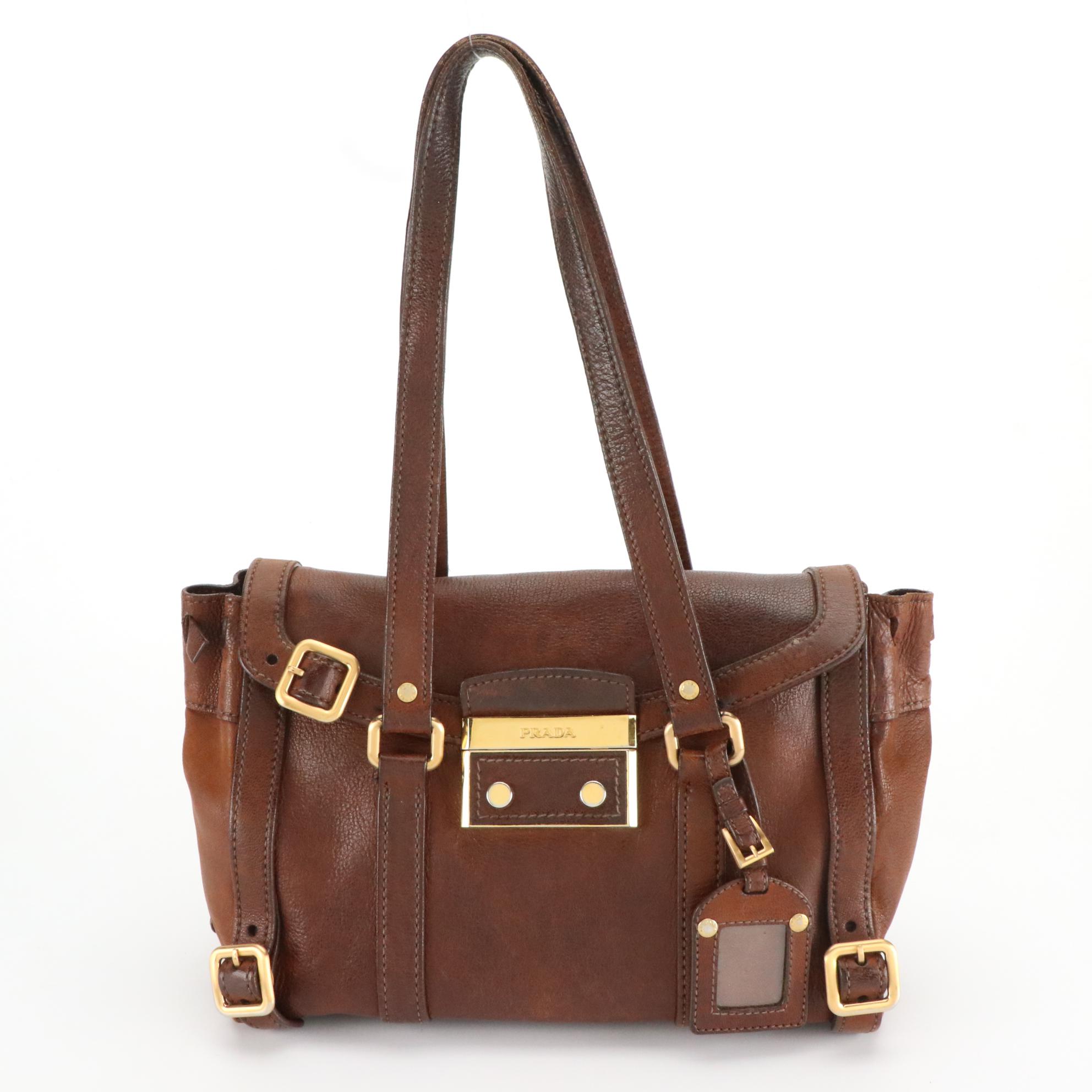 Prada Brown Vitello Daino Leather Shoulder Bag with Buckle Strap Trim Accents