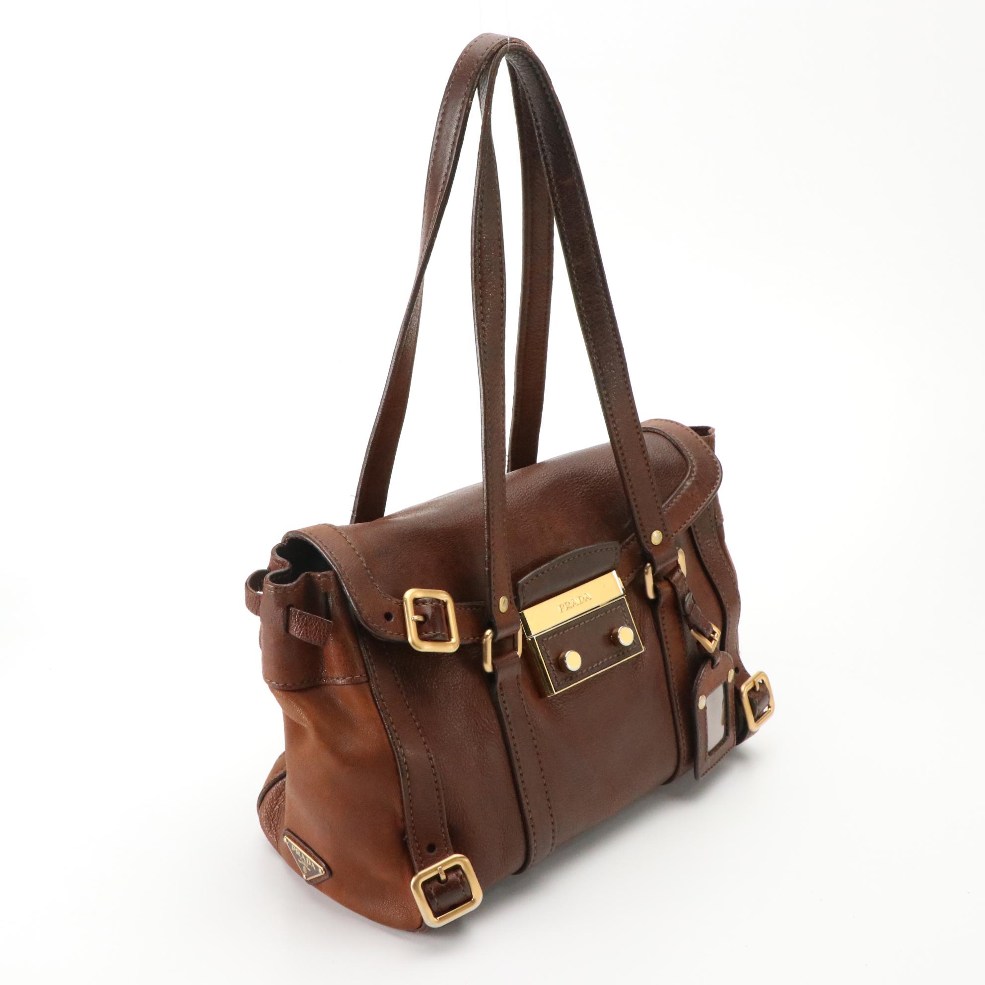 Prada Brown Vitello Daino Leather Shoulder Bag with Buckle Strap Trim Accents