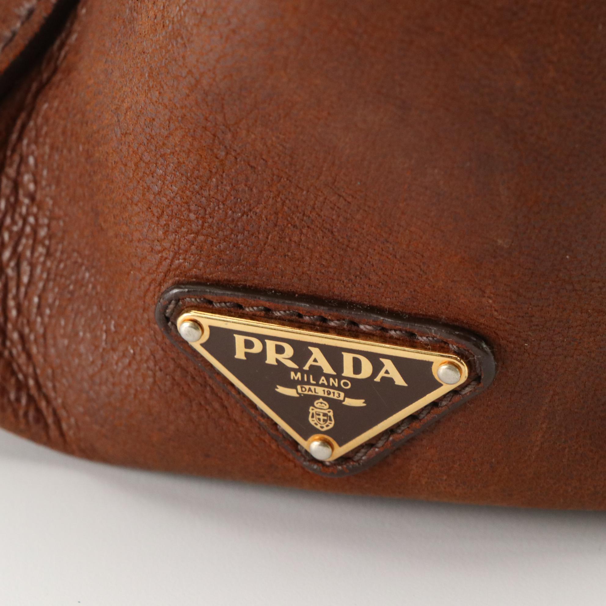 Prada Brown Vitello Daino Leather Shoulder Bag with Buckle Strap Trim Accents