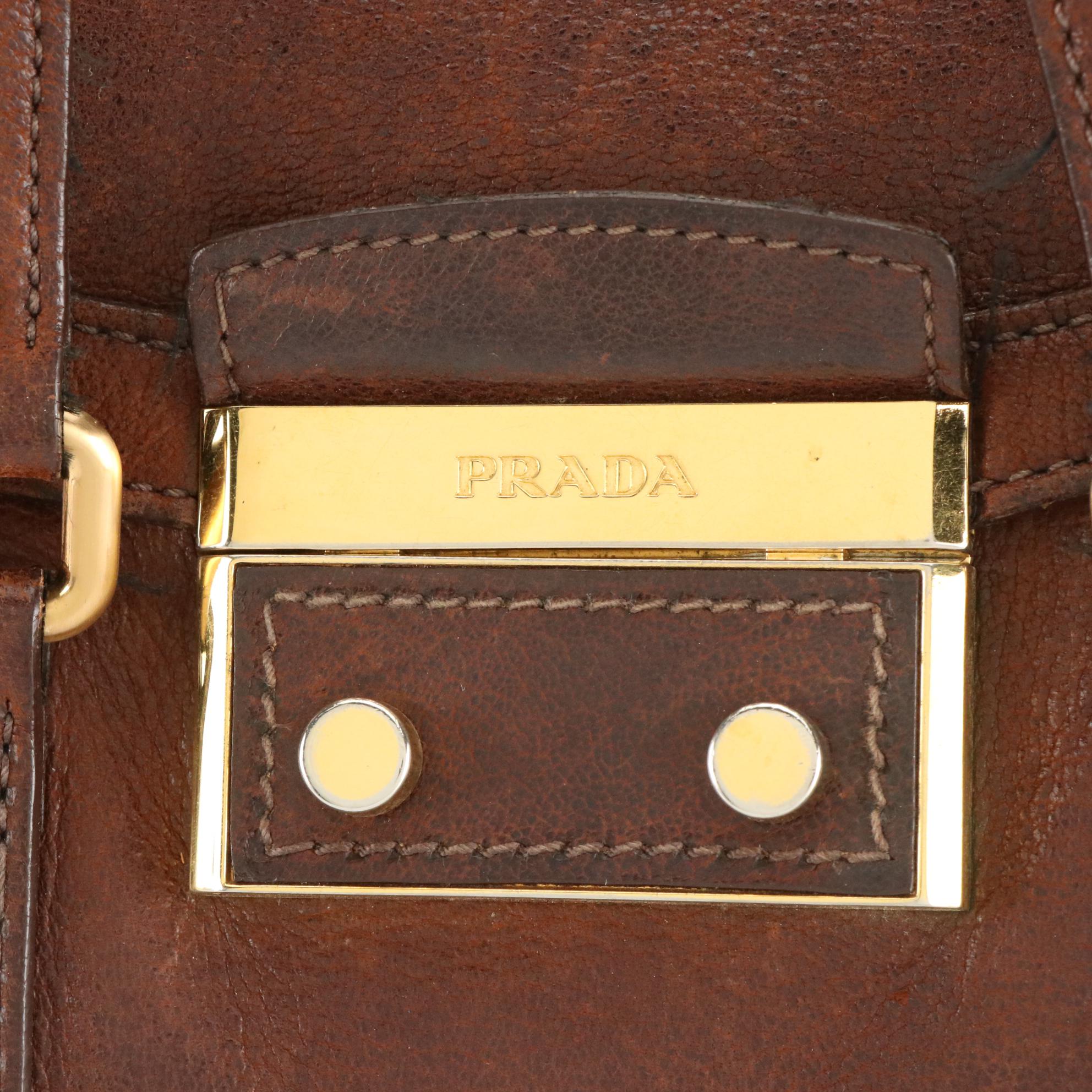 Prada Brown Vitello Daino Leather Shoulder Bag with Buckle Strap Trim Accents