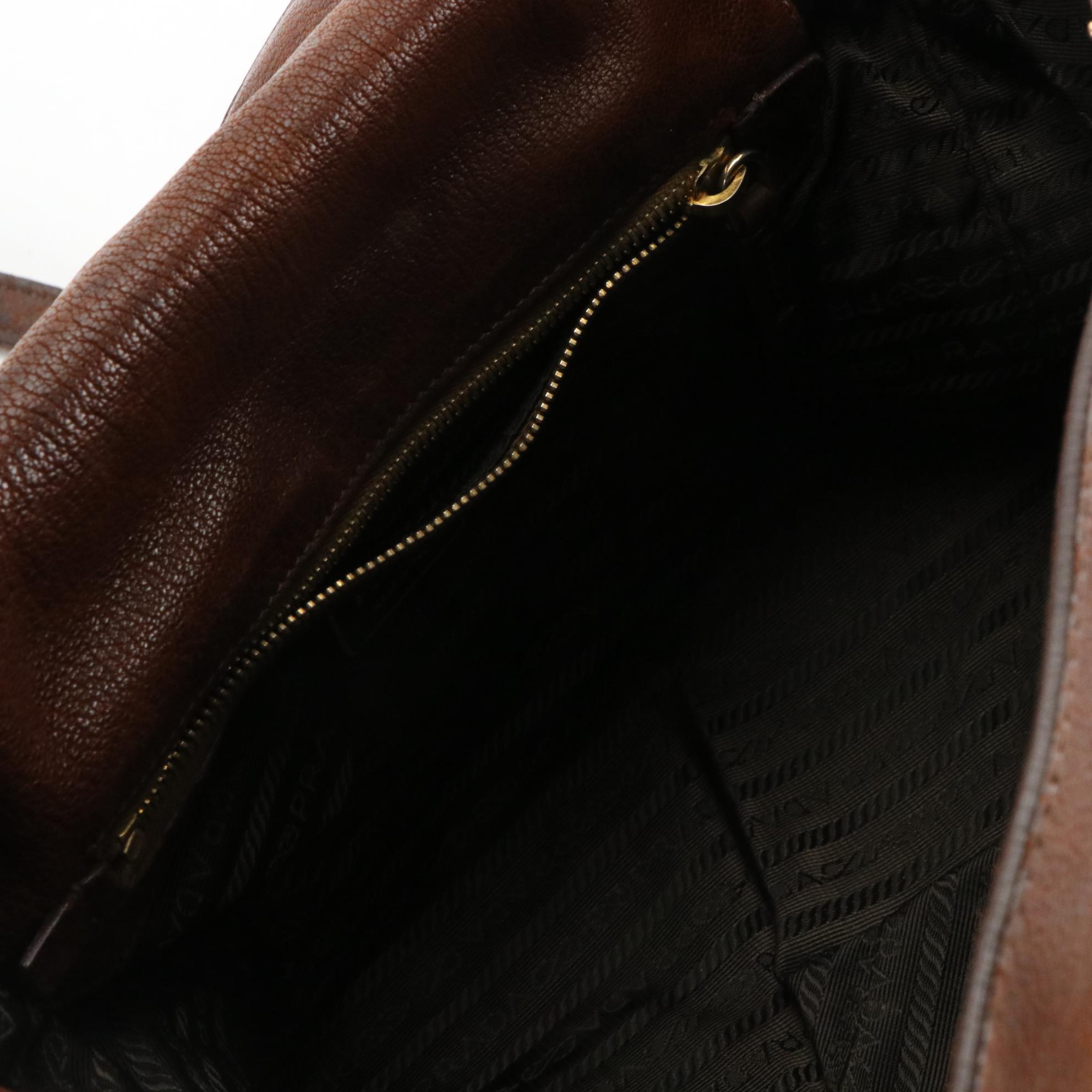 Prada Brown Vitello Daino Leather Shoulder Bag with Buckle Strap Trim Accents