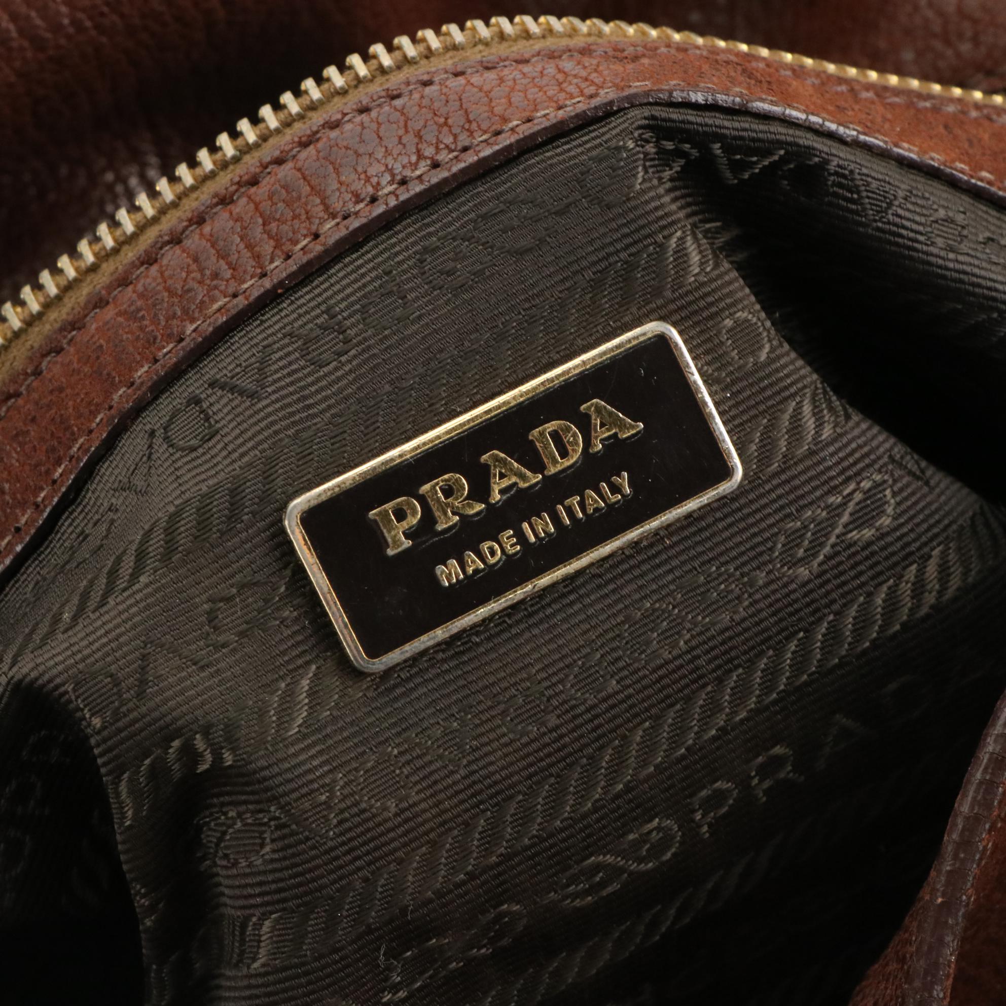 Prada Brown Vitello Daino Leather Shoulder Bag with Buckle Strap Trim Accents