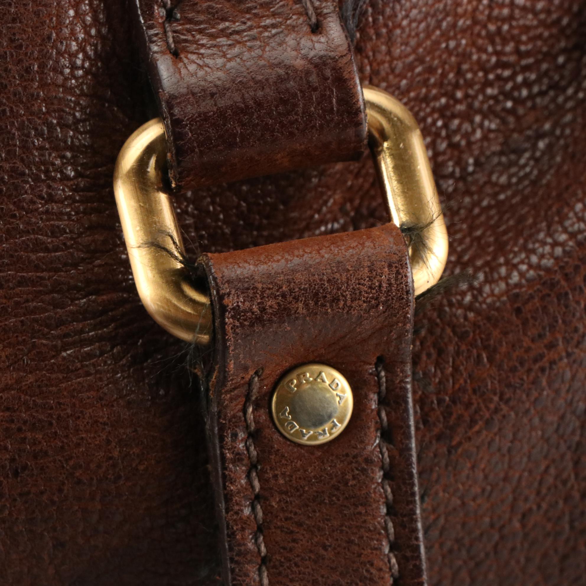 Prada Brown Vitello Daino Leather Shoulder Bag with Buckle Strap Trim Accents