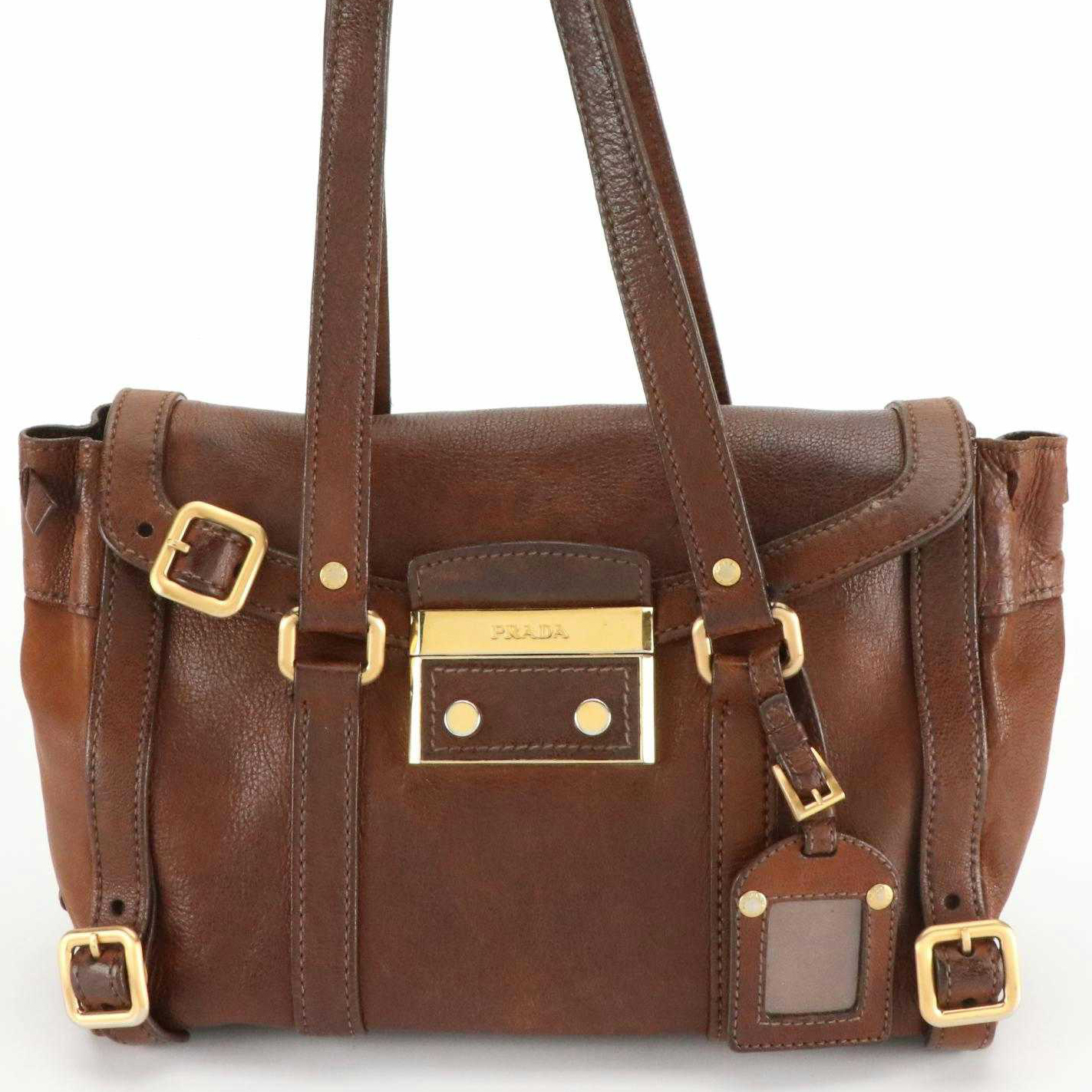 Prada Brown Vitello Daino Leather Shoulder Bag with Buckle Strap Trim Accents