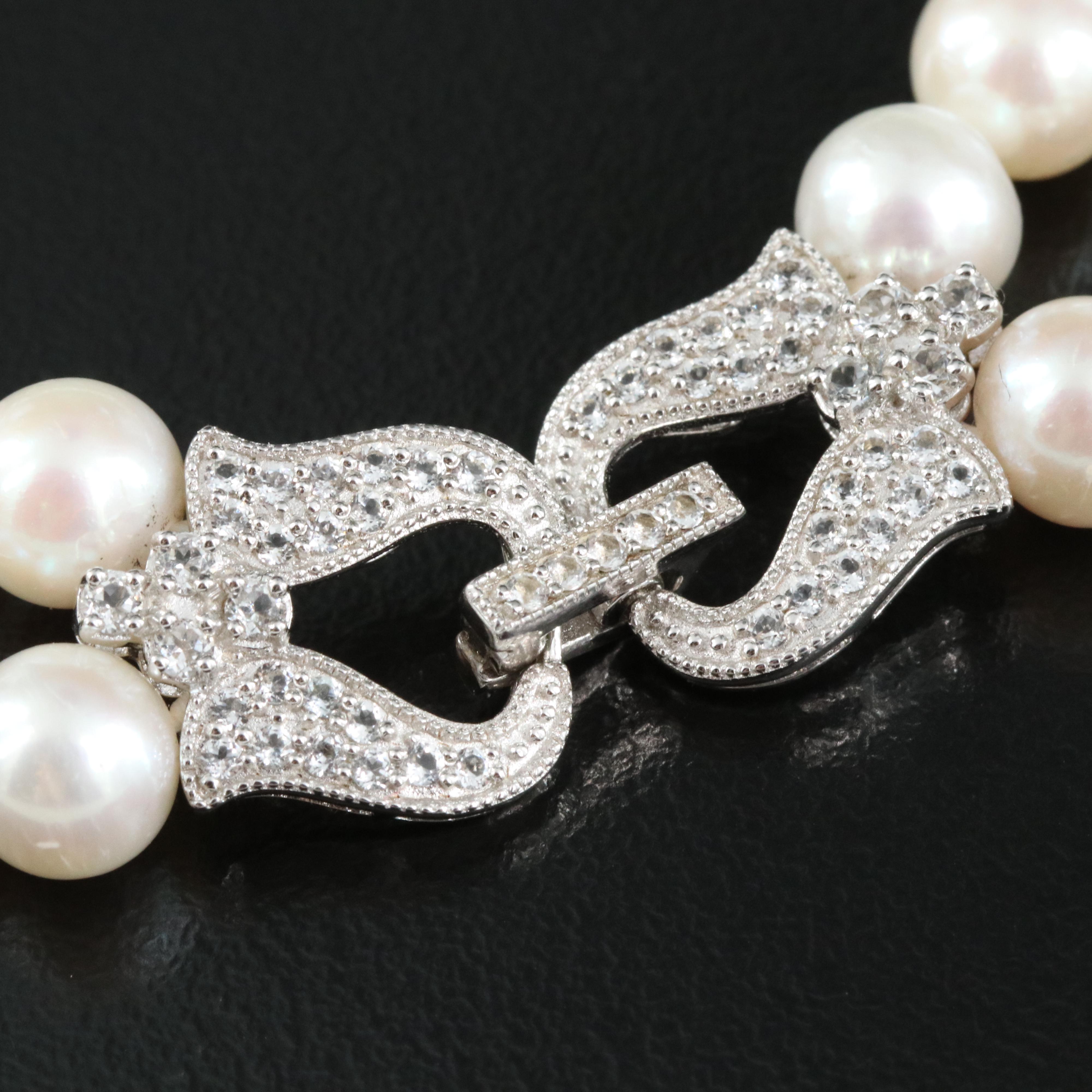 Pearl Double Strand Bracelet with Sterling and Topaz Clasp