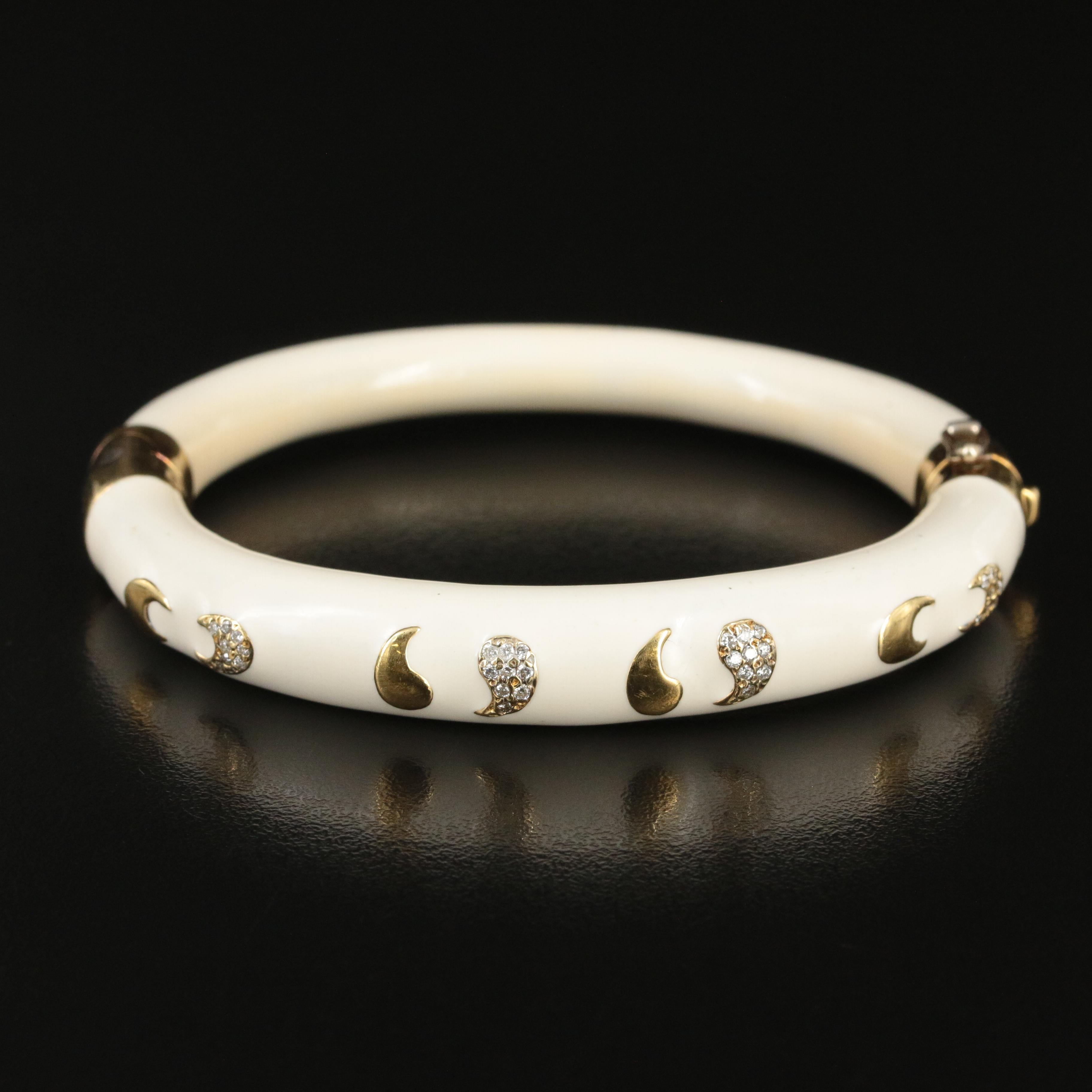Haggai 18K "Crescents and Commas" Diamond and Cream Enamel Hinged Bracelet