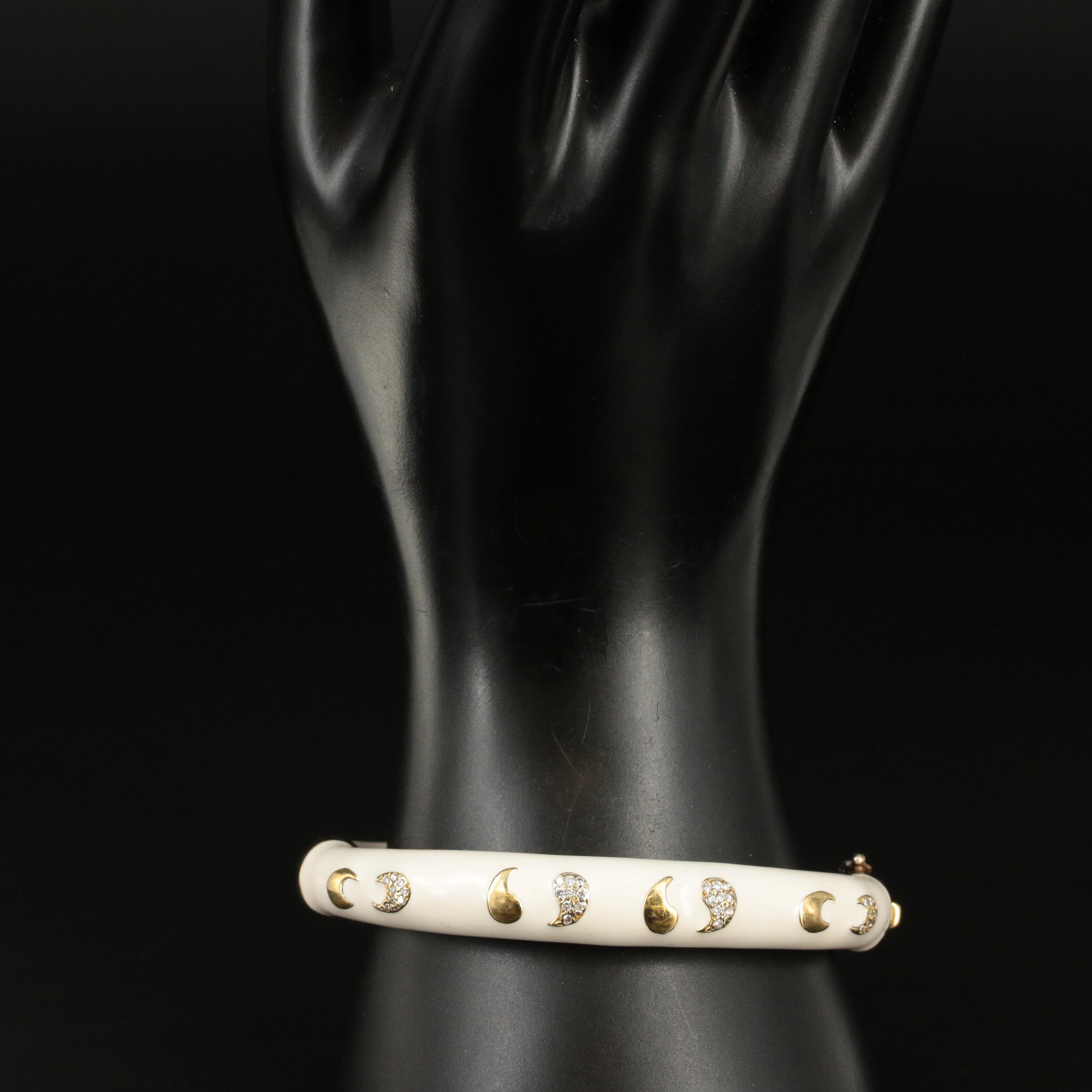 Haggai 18K "Crescents and Commas" Diamond and Cream Enamel Hinged Bracelet