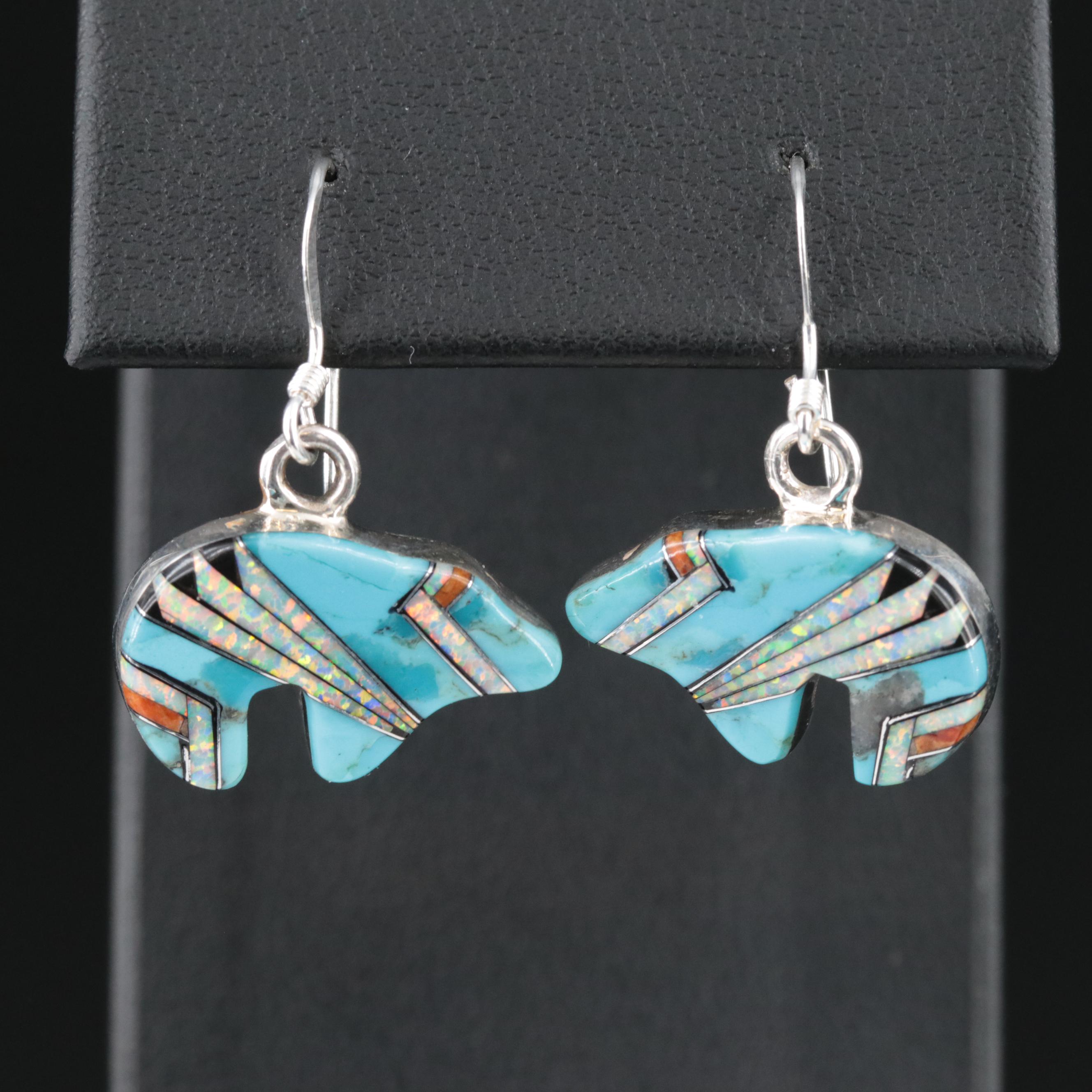 Southwestern Sterling Turquoise, Spiny Oyster and Opal Inlay Bear Earrings